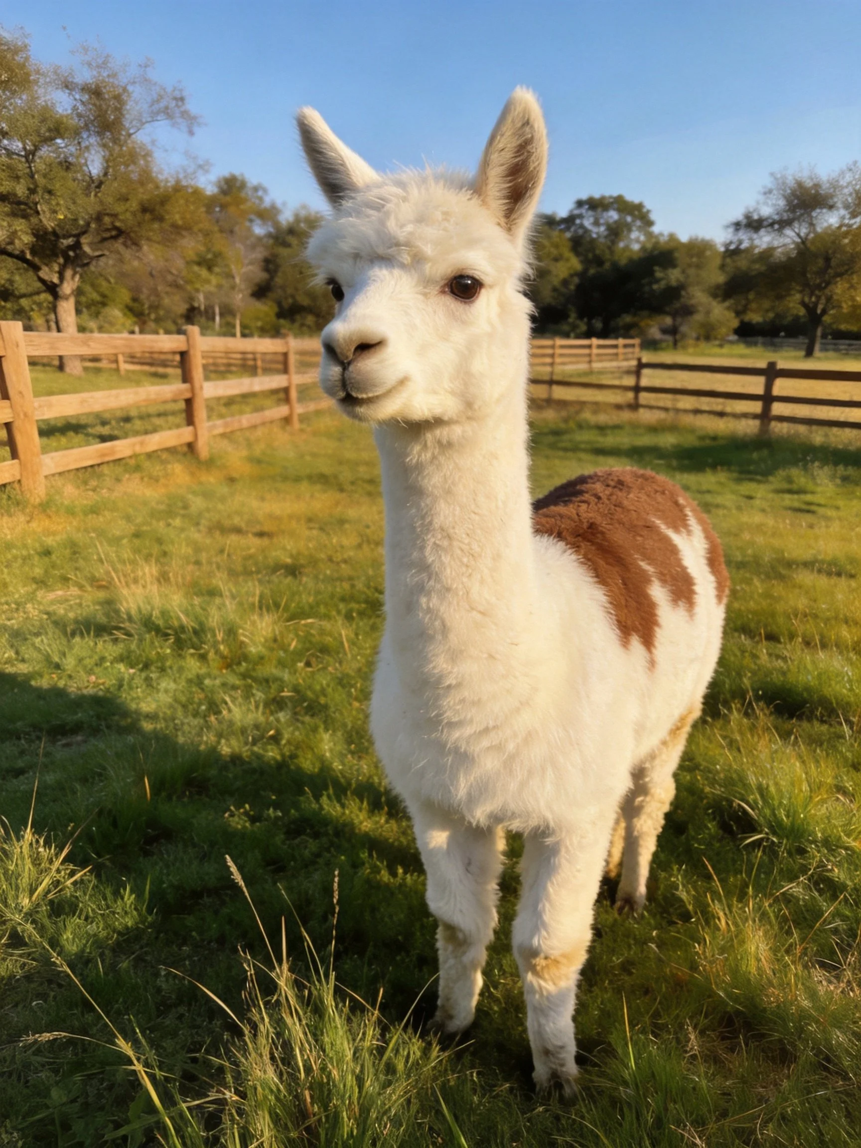 An alpaca with white and brown fur stands in a sunlit fenced area