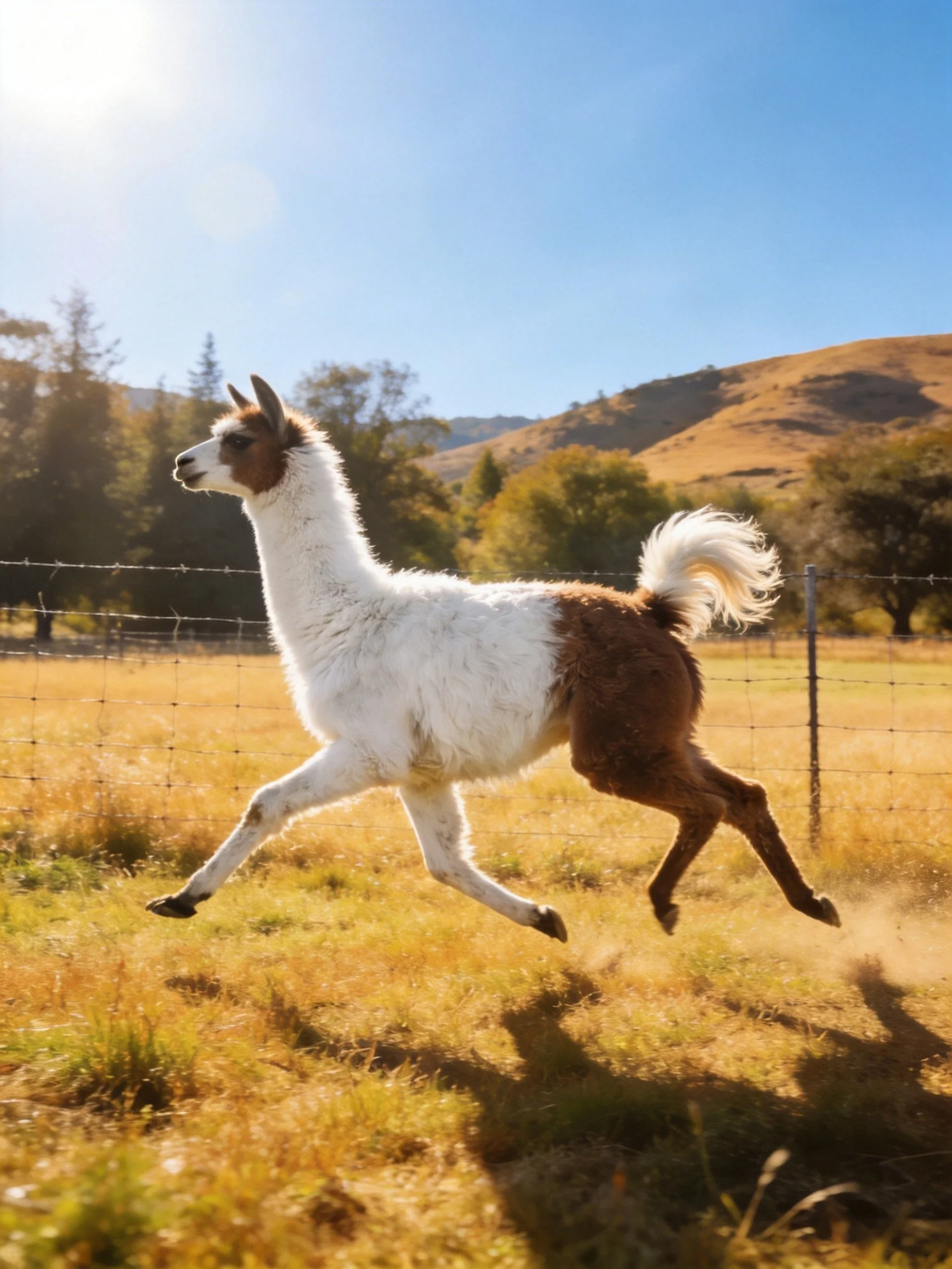 A white and brown llama gallops through a golden field under bright sunlight