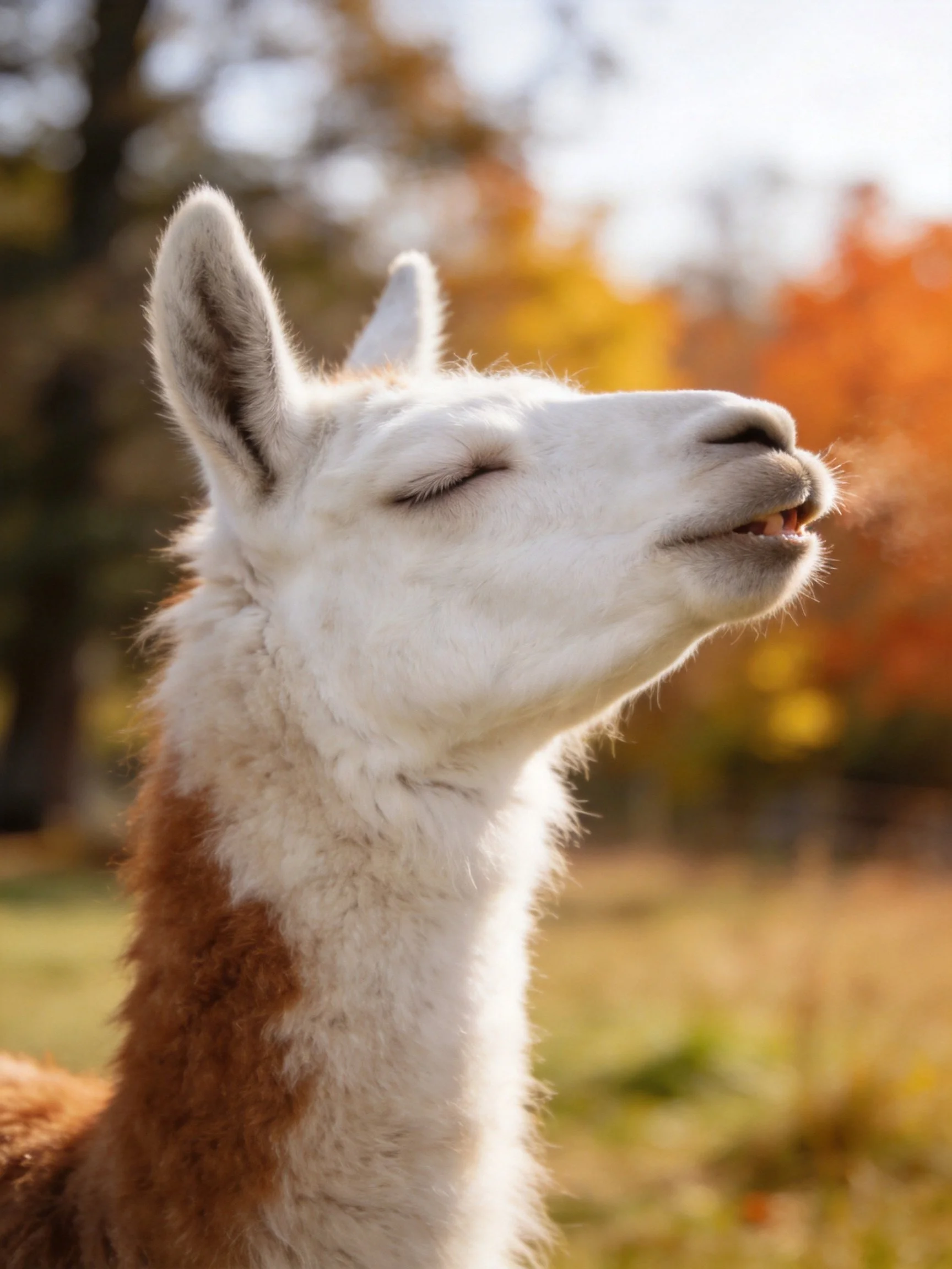 A white and brown llama relaxes in a sunlit autumn landscape