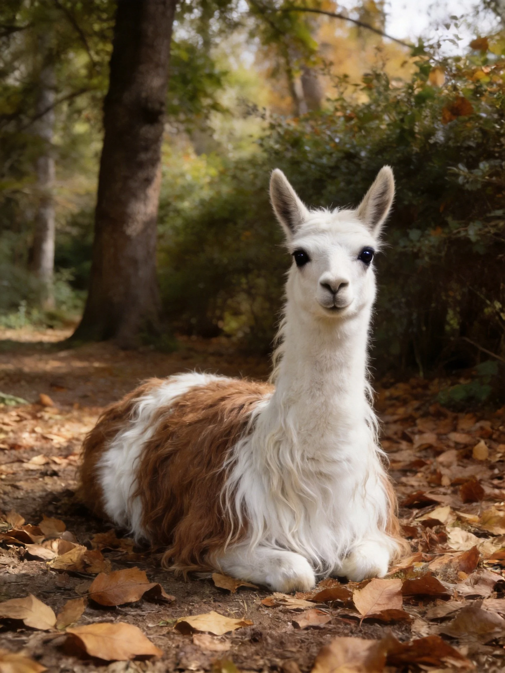 A white and brown llama rests amid fallen autumn leaves in a wooded setting