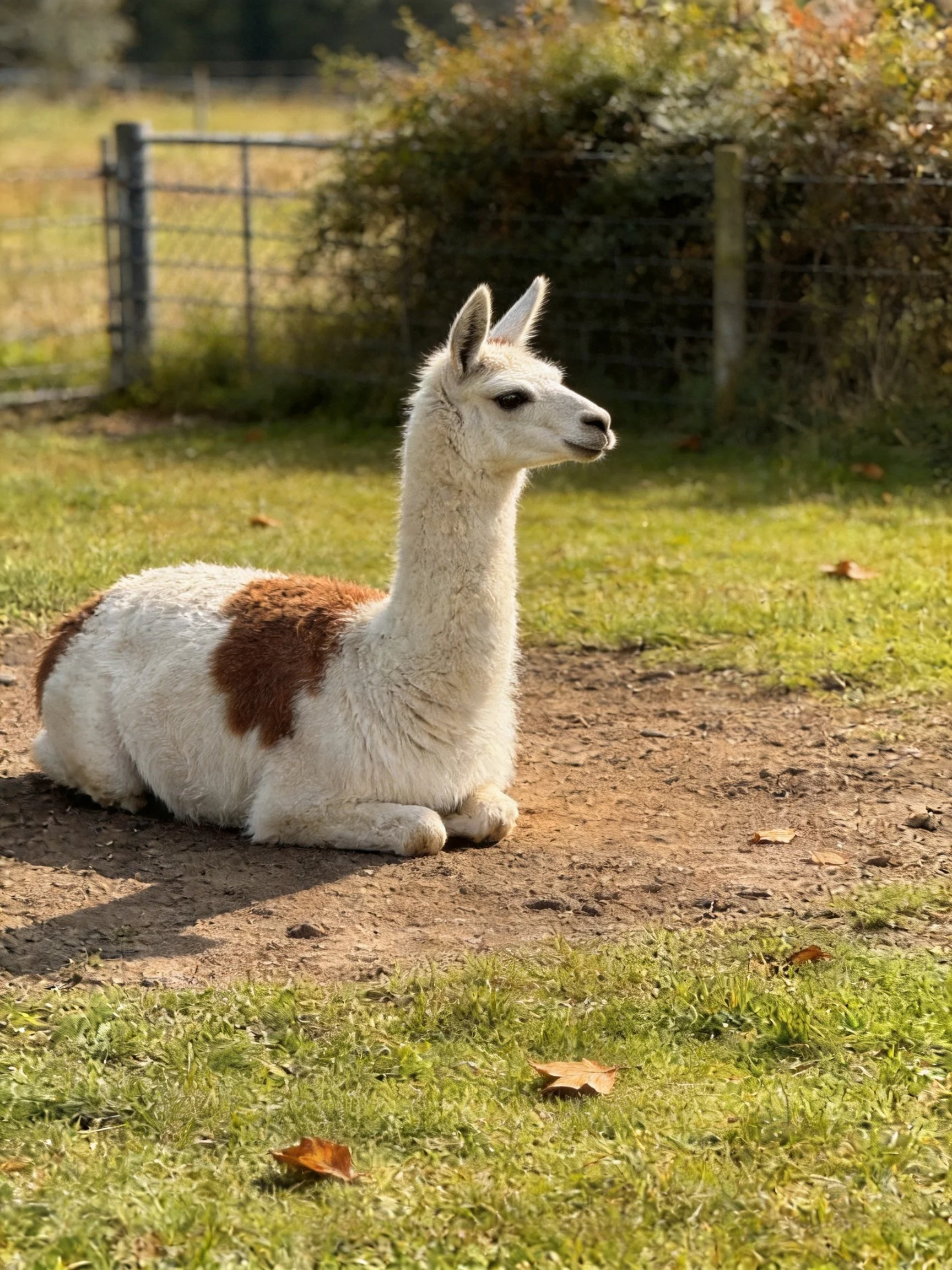 A white and brown llama rests in a sunlit fenced outdoor area