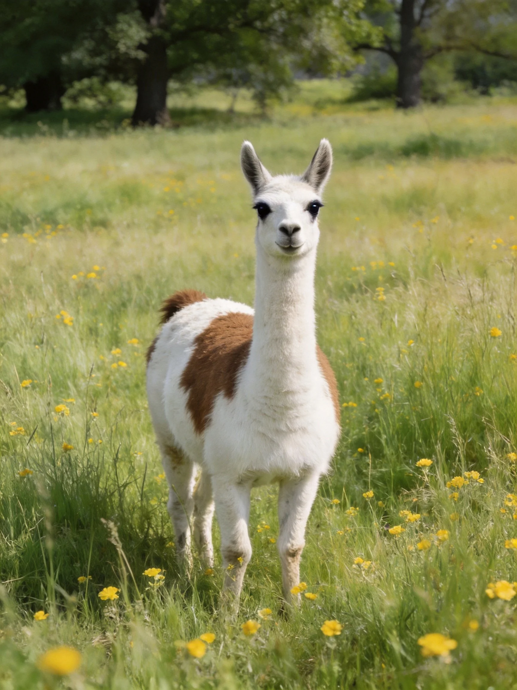 A white and brown llama stands amid yellow wildflowers in a green meadow