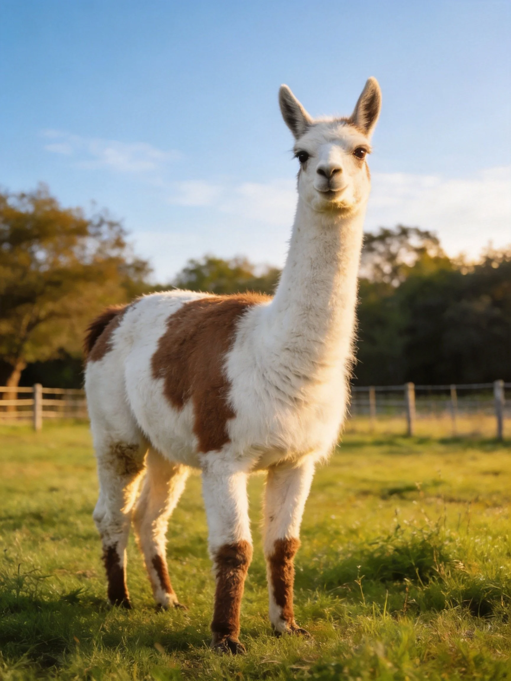 A white and brown llama stands in a sunlit pasture with trees and a fence in the background.