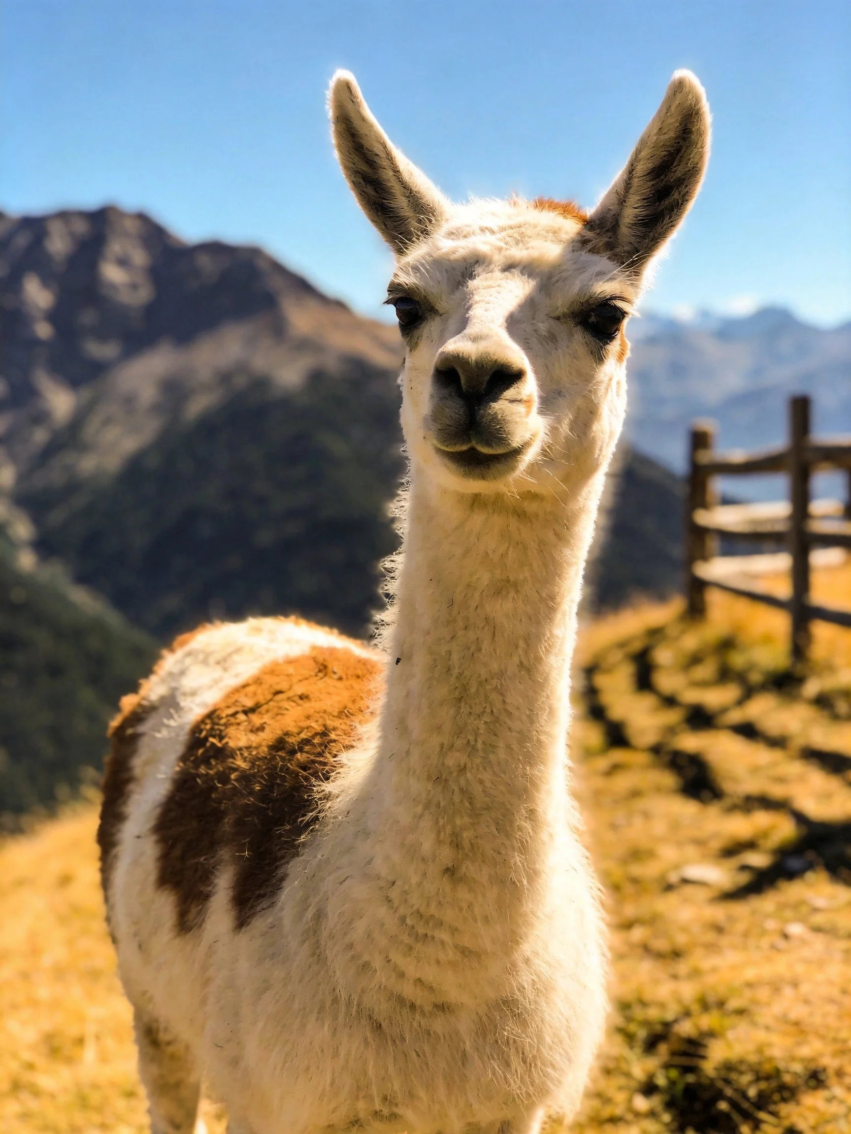 A white and brown llama stands near a wooden fence with mountainous backdrop
