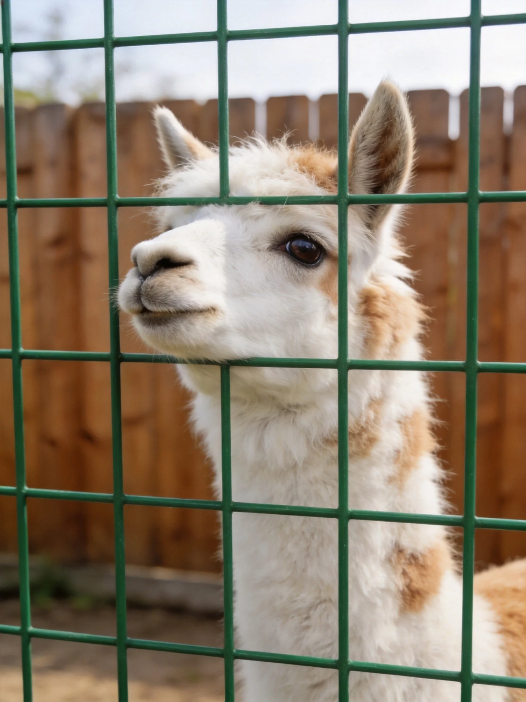 A white and tan alpaca peers through a green metal fence near a brown wooden structure