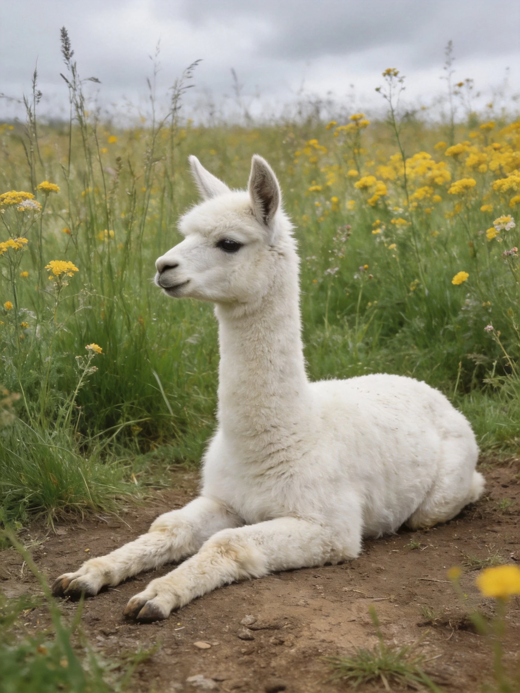 A white baby alpaca rests in a yellow-flowered meadow