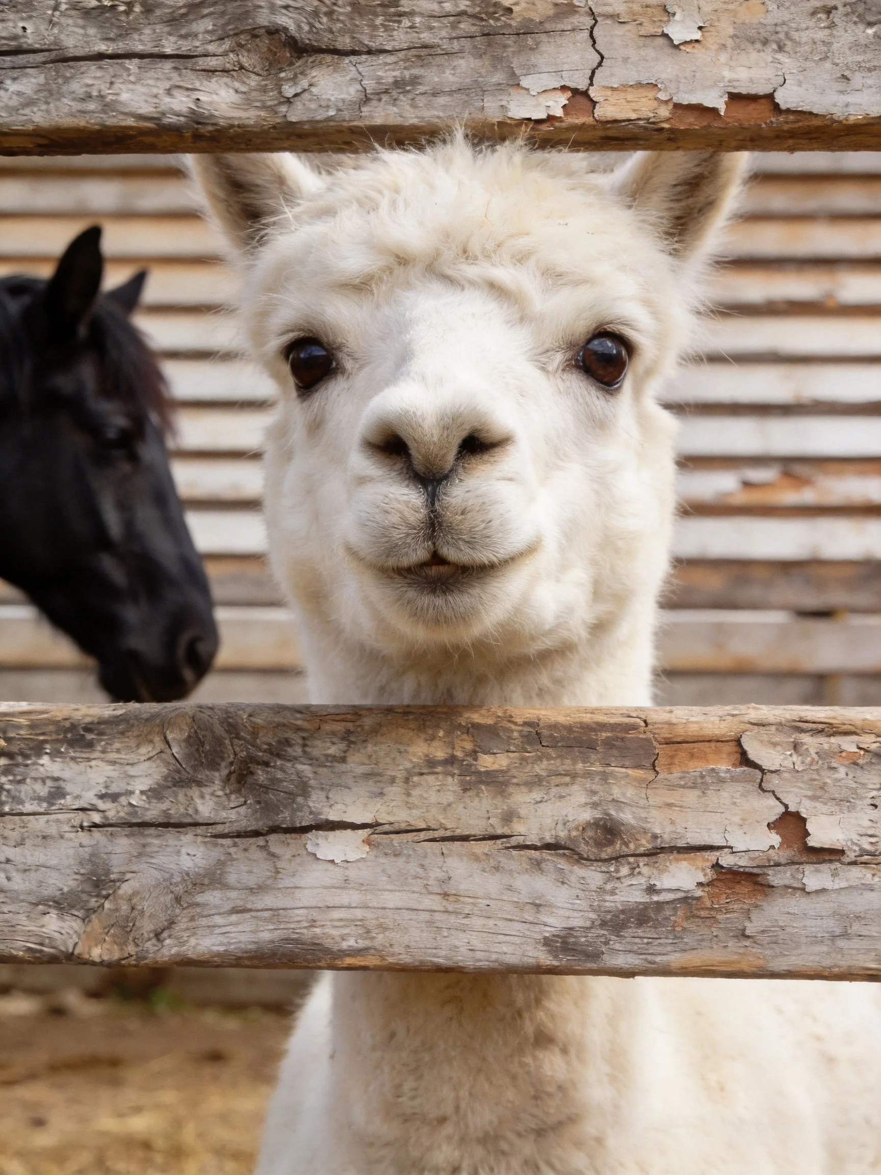 A white llama and black horse near weathered wooden fences