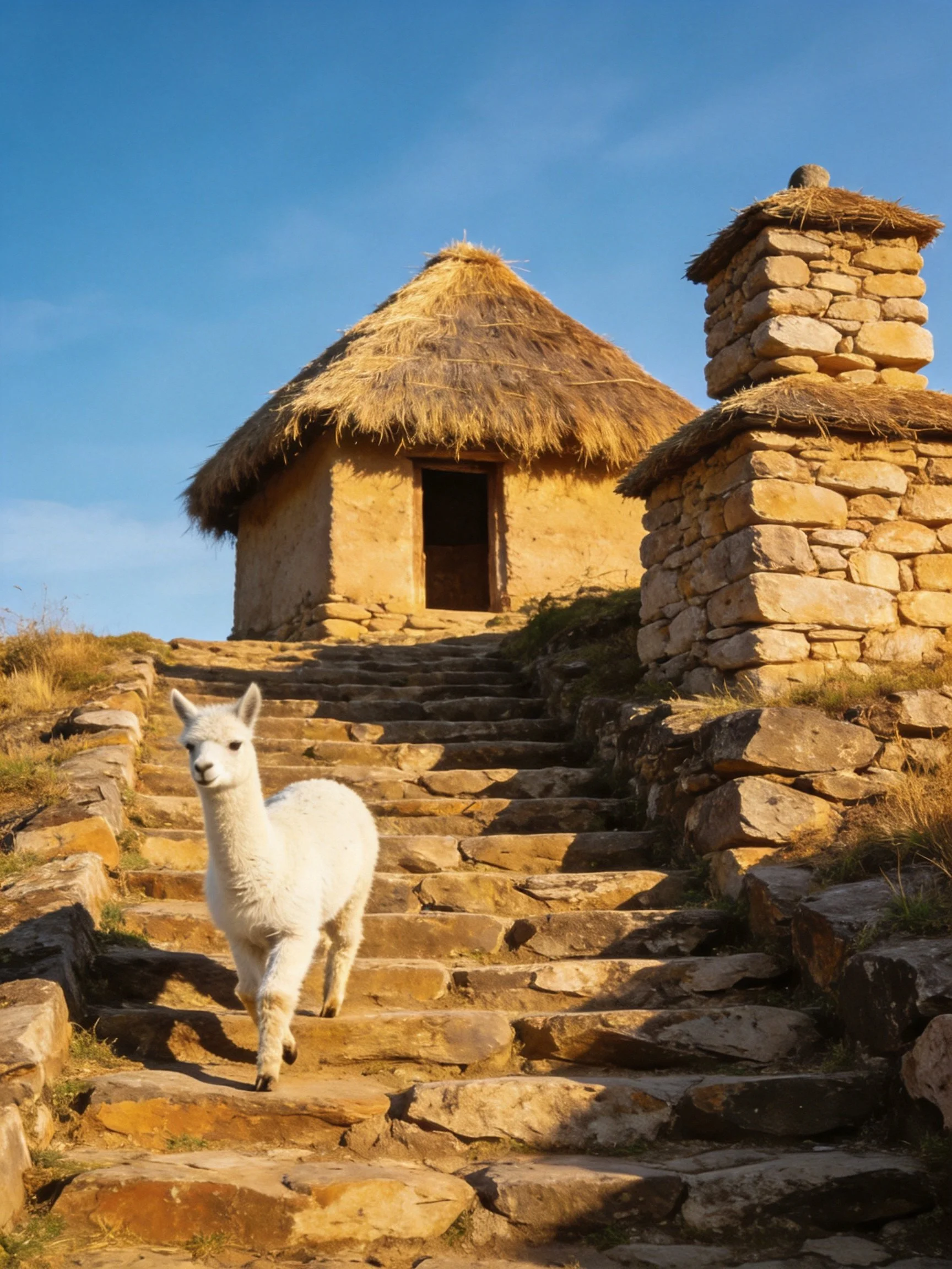 A white llama climbs ancient stone steps toward a thatched hut