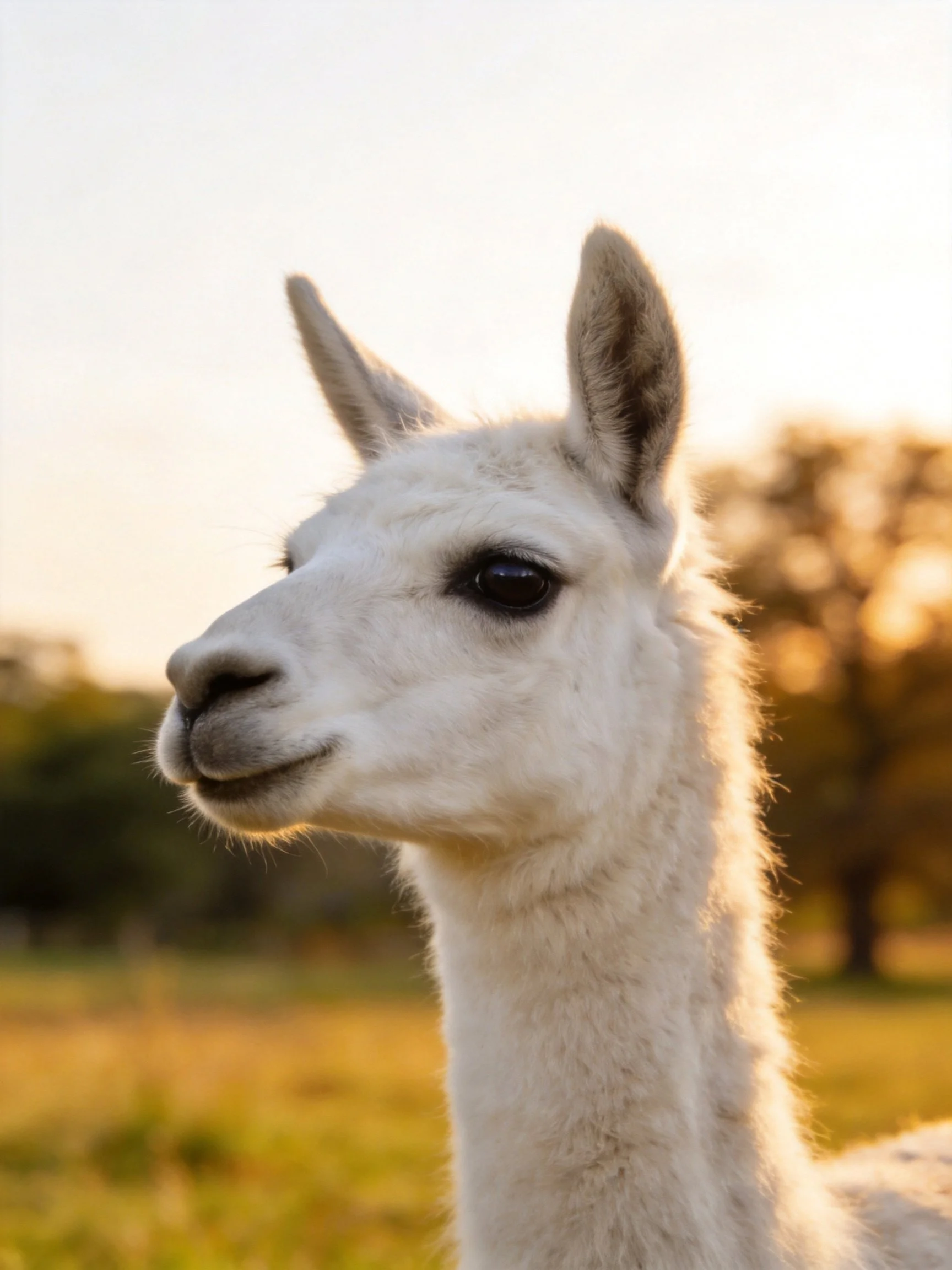 A white llama in a sunlit field during golden hour