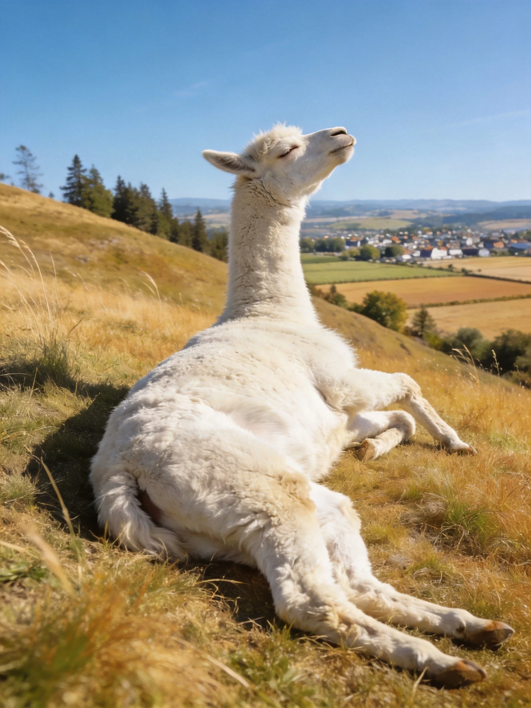 A white llama rests on a sunlit grassy hill with distant villages