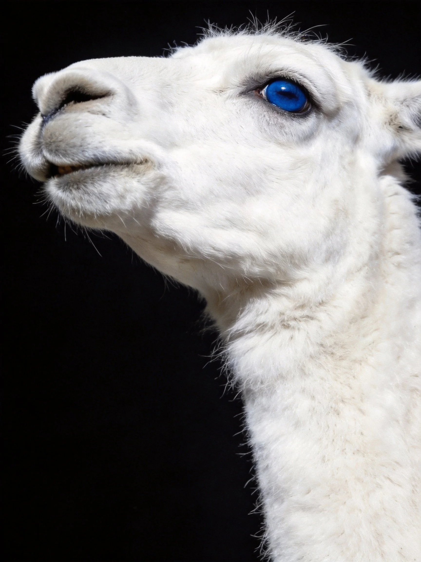 A white llama with a vivid blue eye against a solid black background