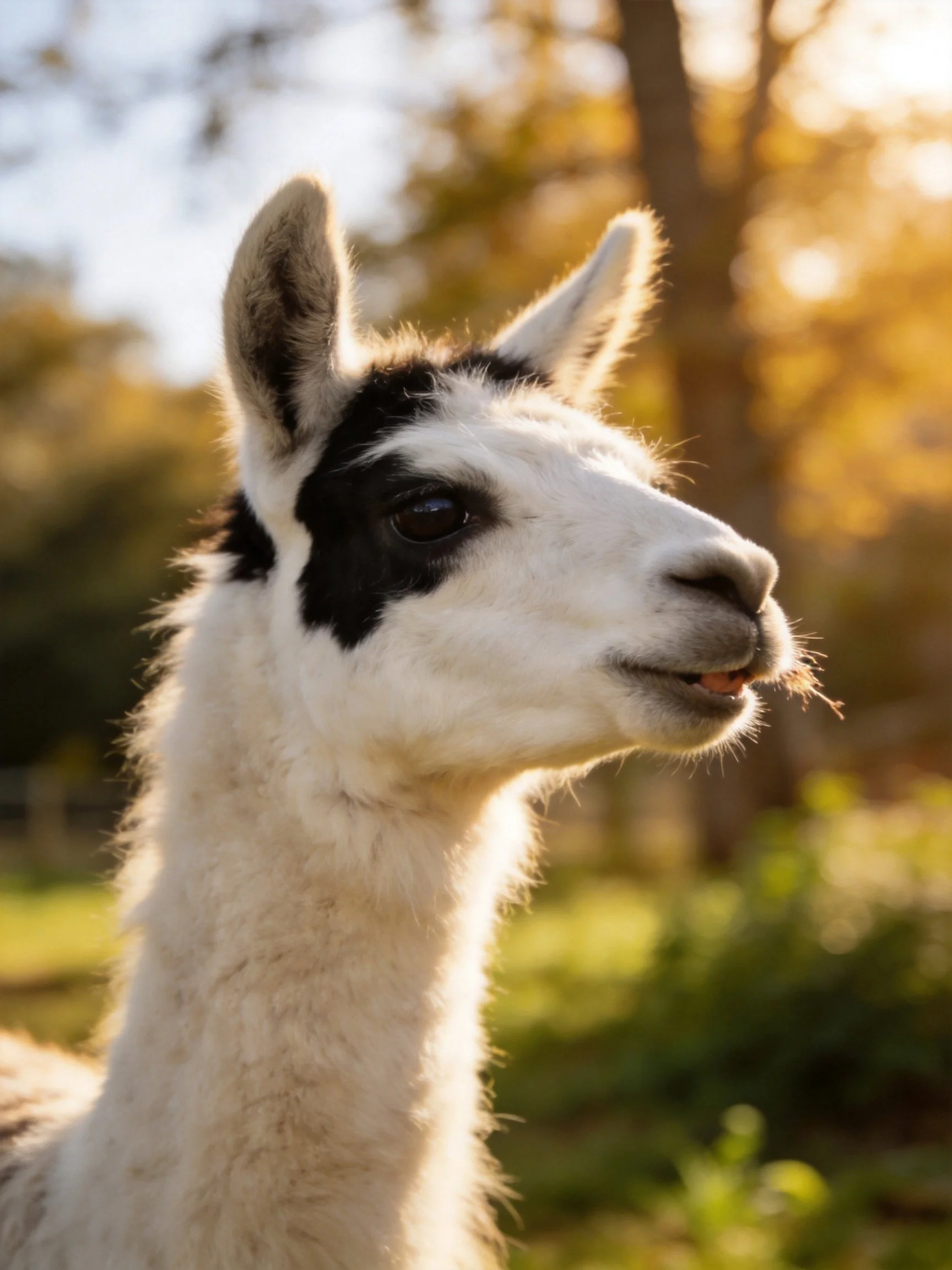 A white llama with black facial markings in a sunlit outdoor setting