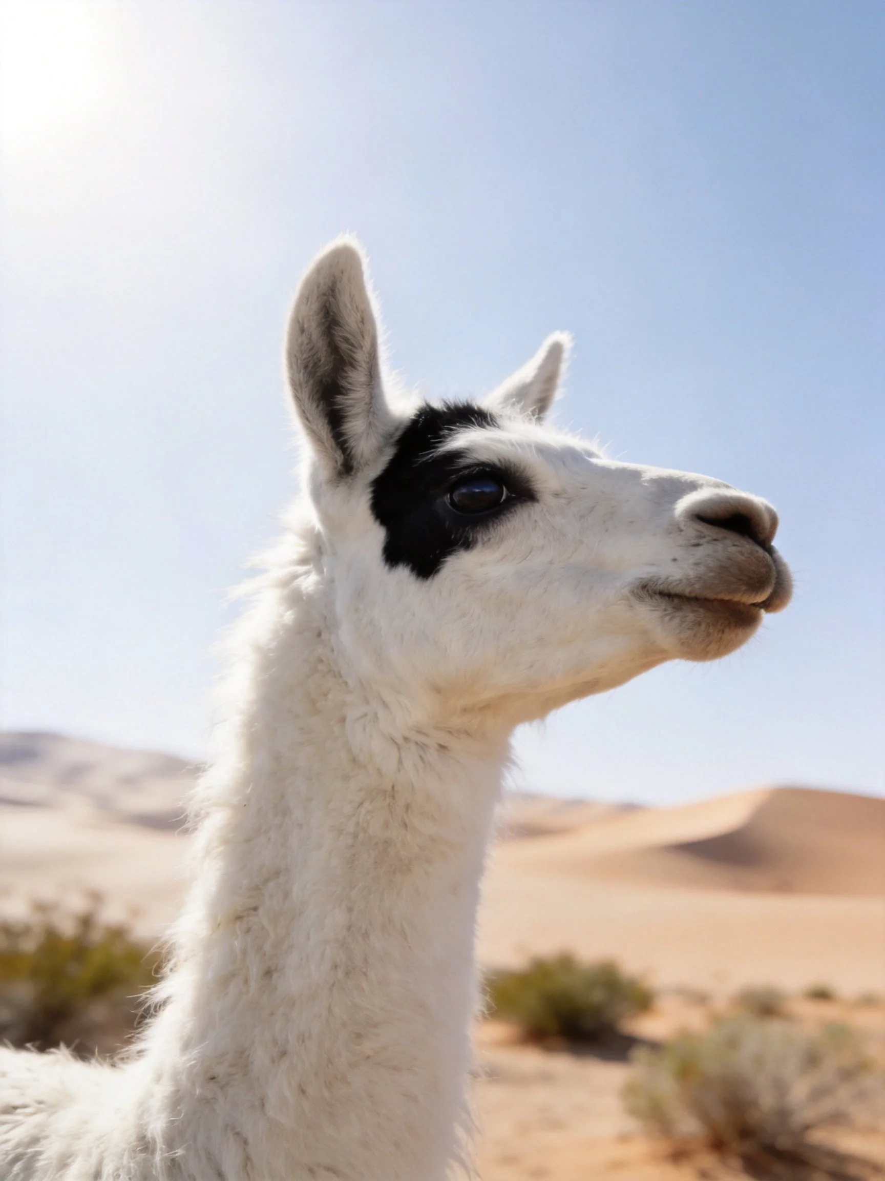A white llama with black facial patches in a sunny desert terrain