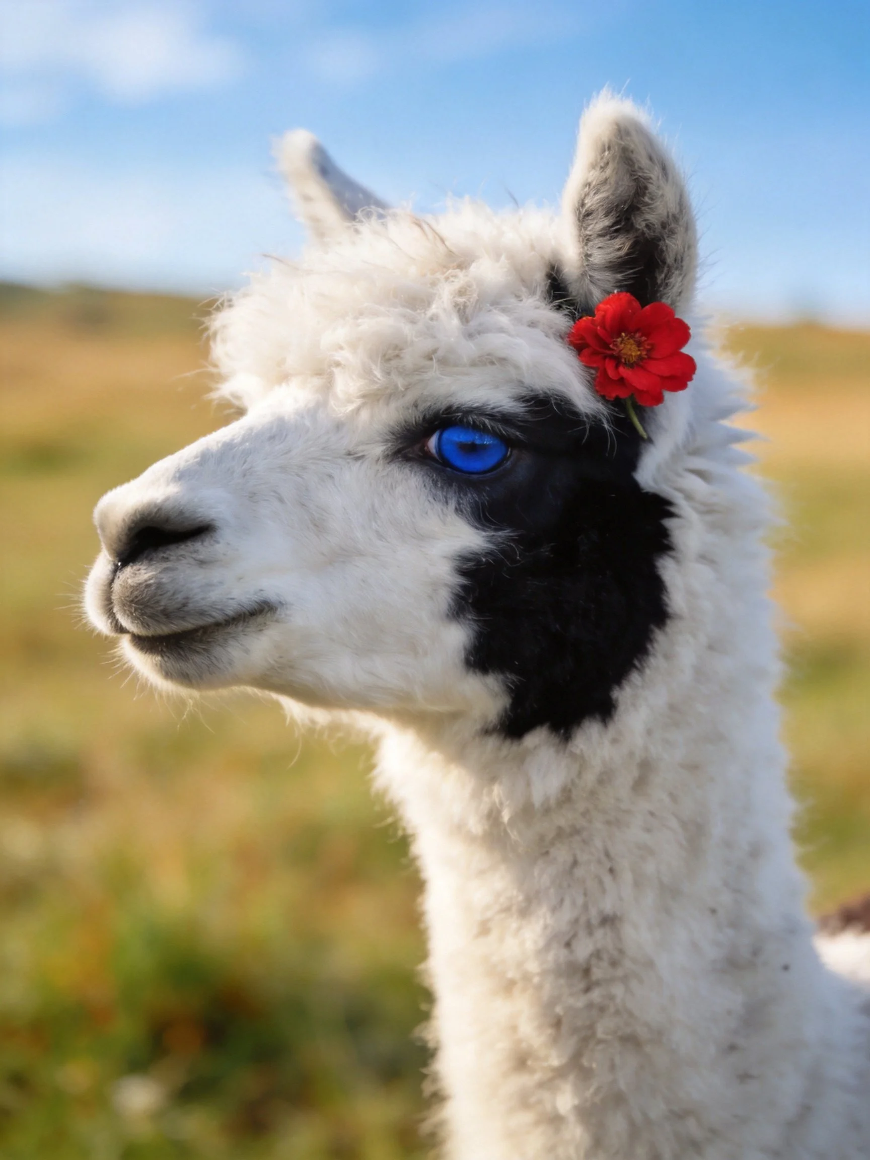A white llama with black markings, blue eyes, and a red flower in an open landscape