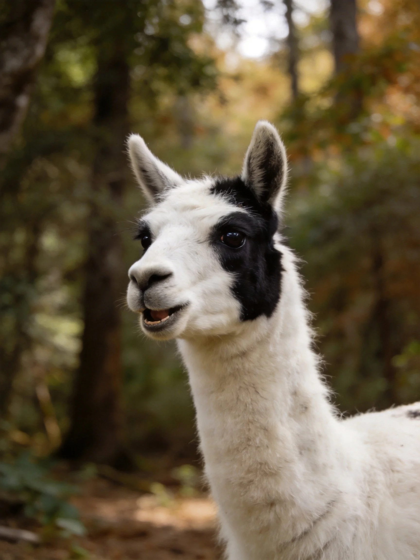 A white llama with bold black markings in a sunlit forest