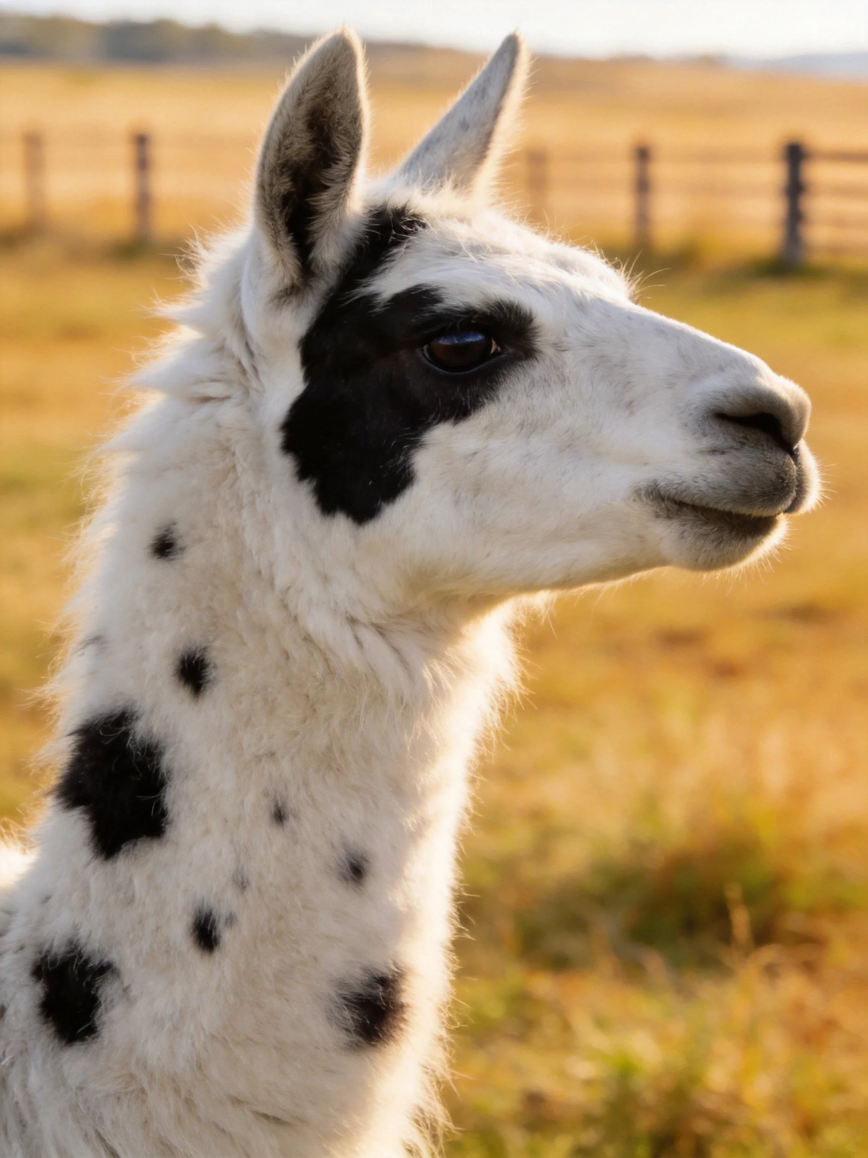 A white llama with bold black patches in a sunlit field