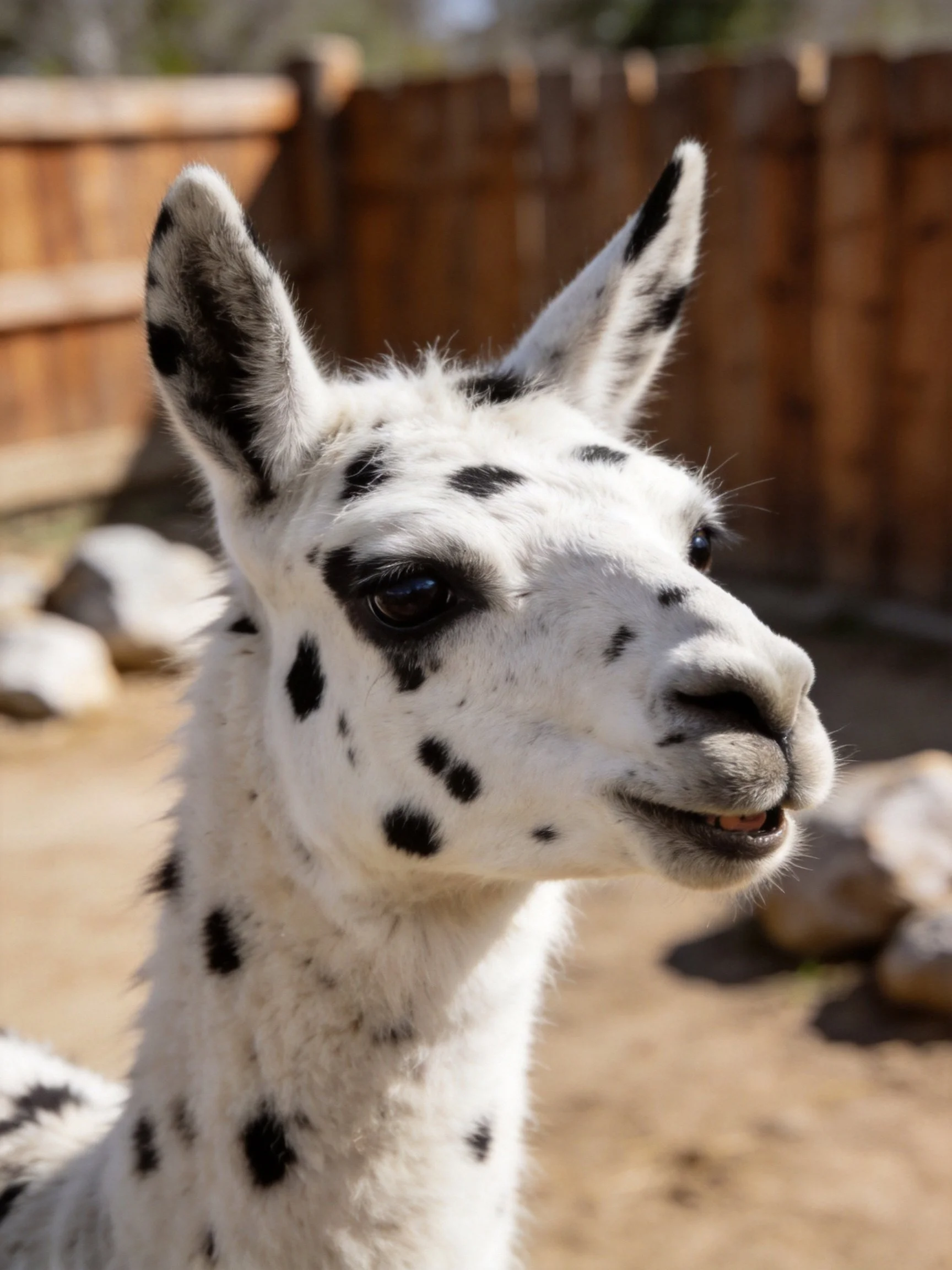 A white llama with bold black spots near a wooden fence
