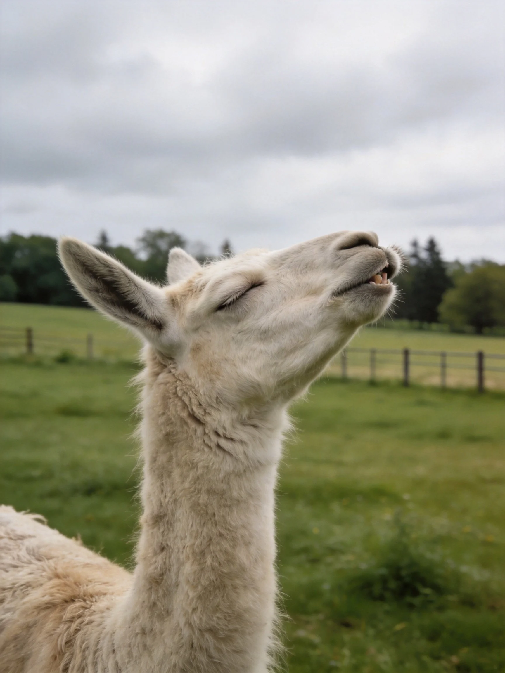 A white llama with closed eyes in a green pasture under overcast skies