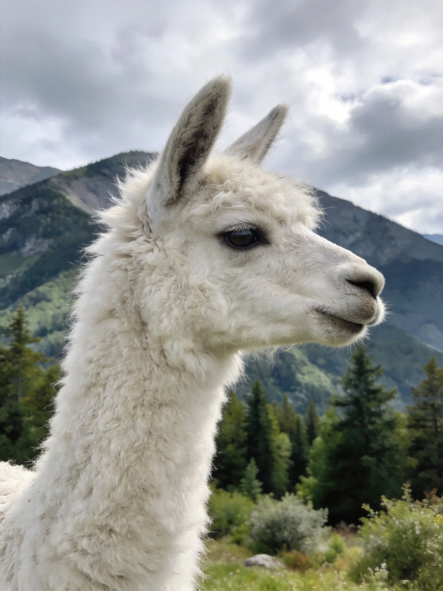 A white llama with fluffy fur near lush green mountains and trees