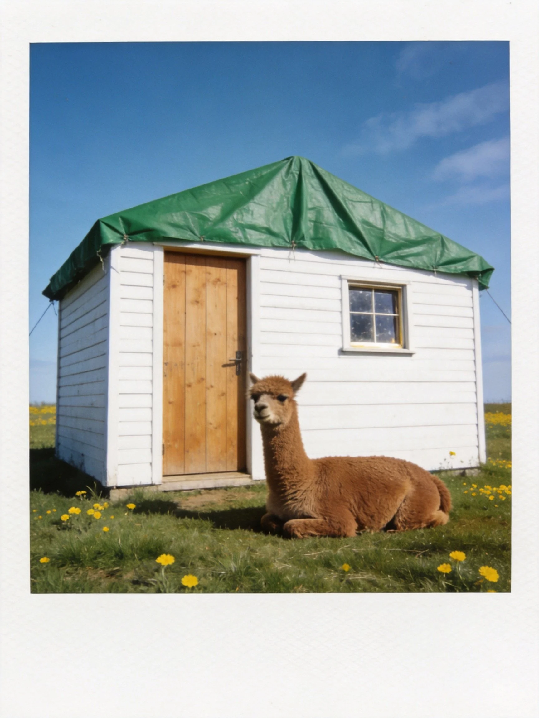 A white shed with green roof near a brown alpaca