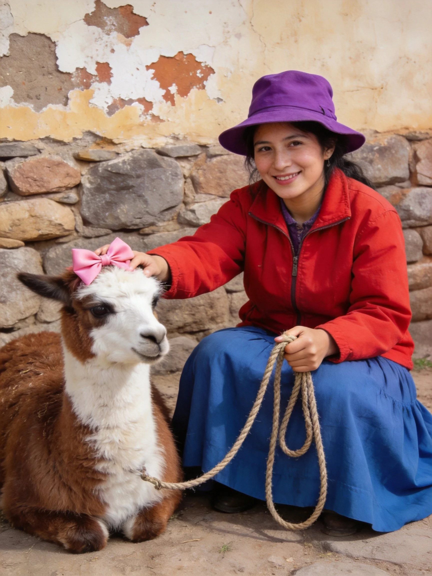 A woman in a purple hat pets a brown-and-white llama with a pink bow