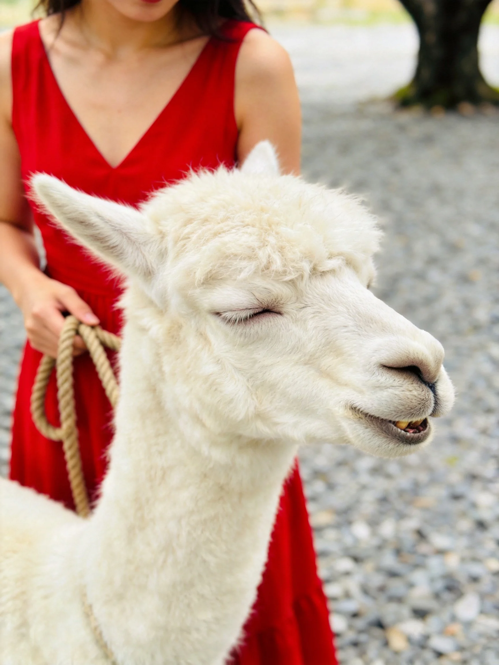 A woman in a red dress holds a content white alpaca outdoors