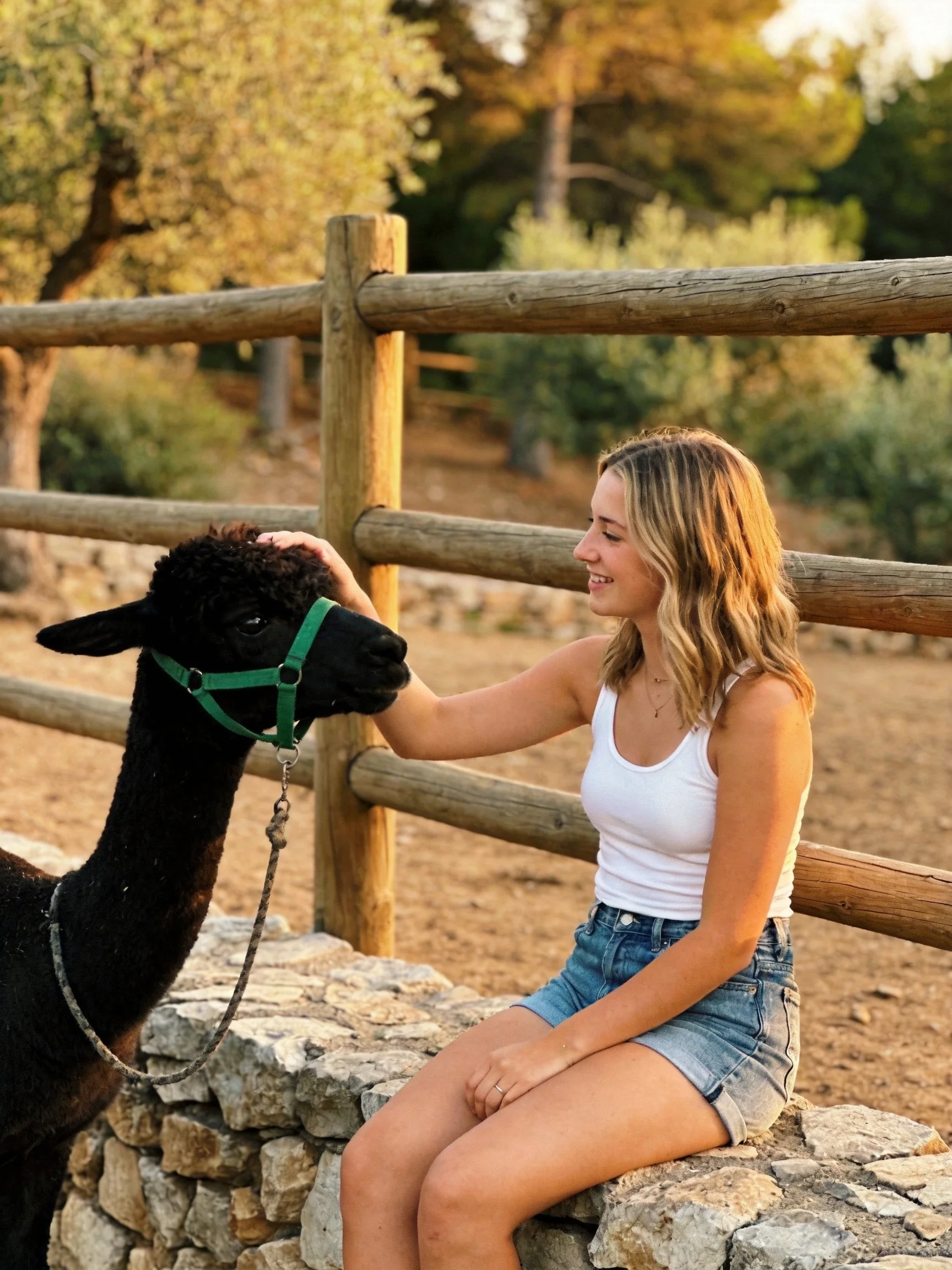 A woman in a white tank top pets a black alpaca near a wooden fence