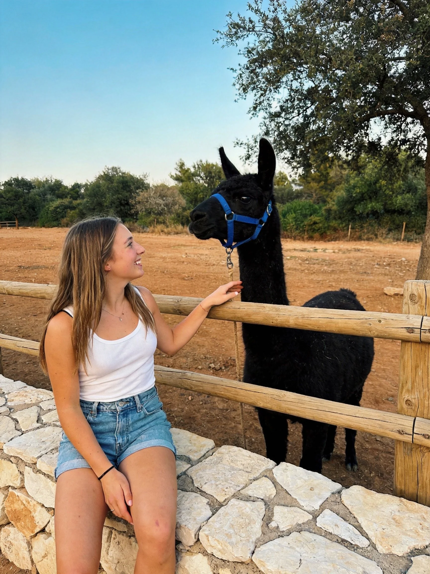 A woman interacts with a black llama near a wooden fence
