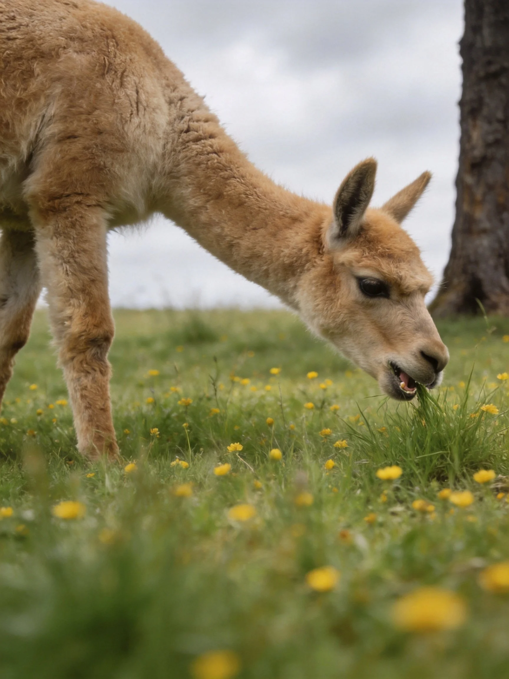A young alpaca grazes in a meadow dotted with yellow wildflowers