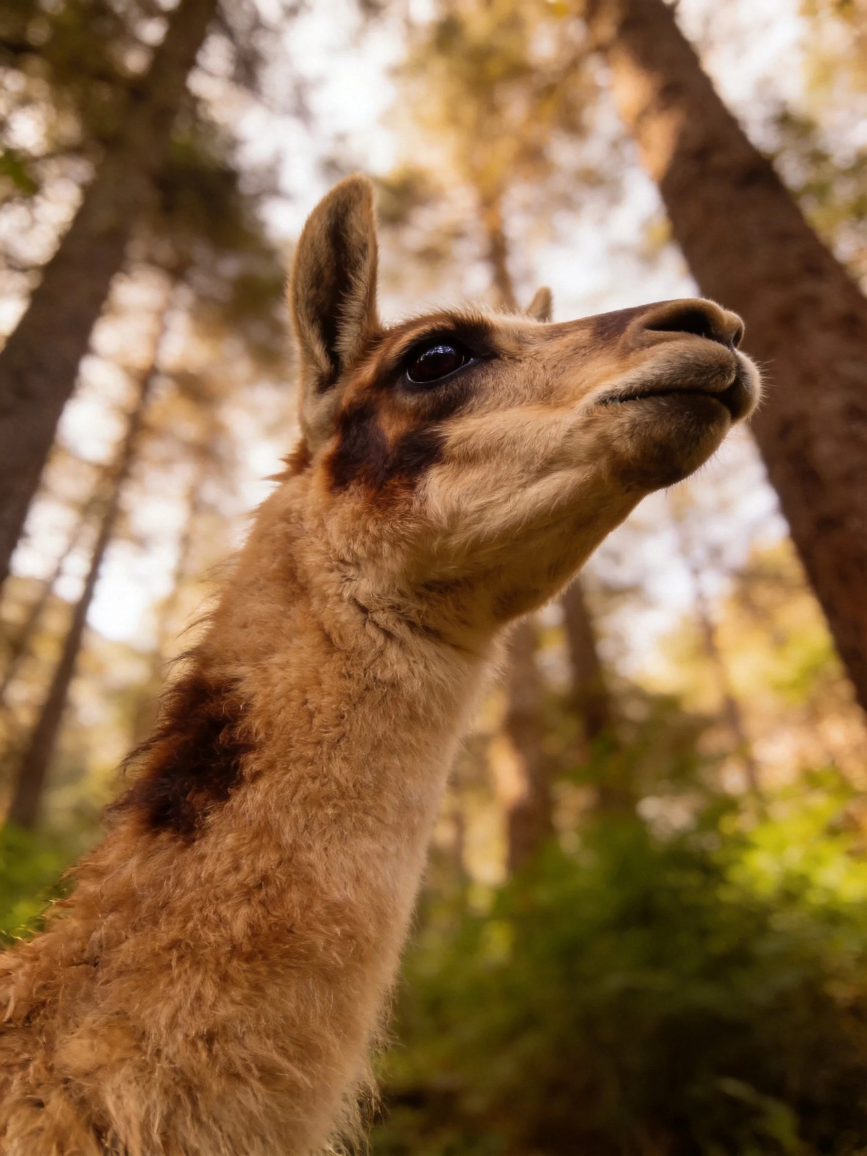 A young alpaca with brown patches stands in a sunlit forest among tall trees