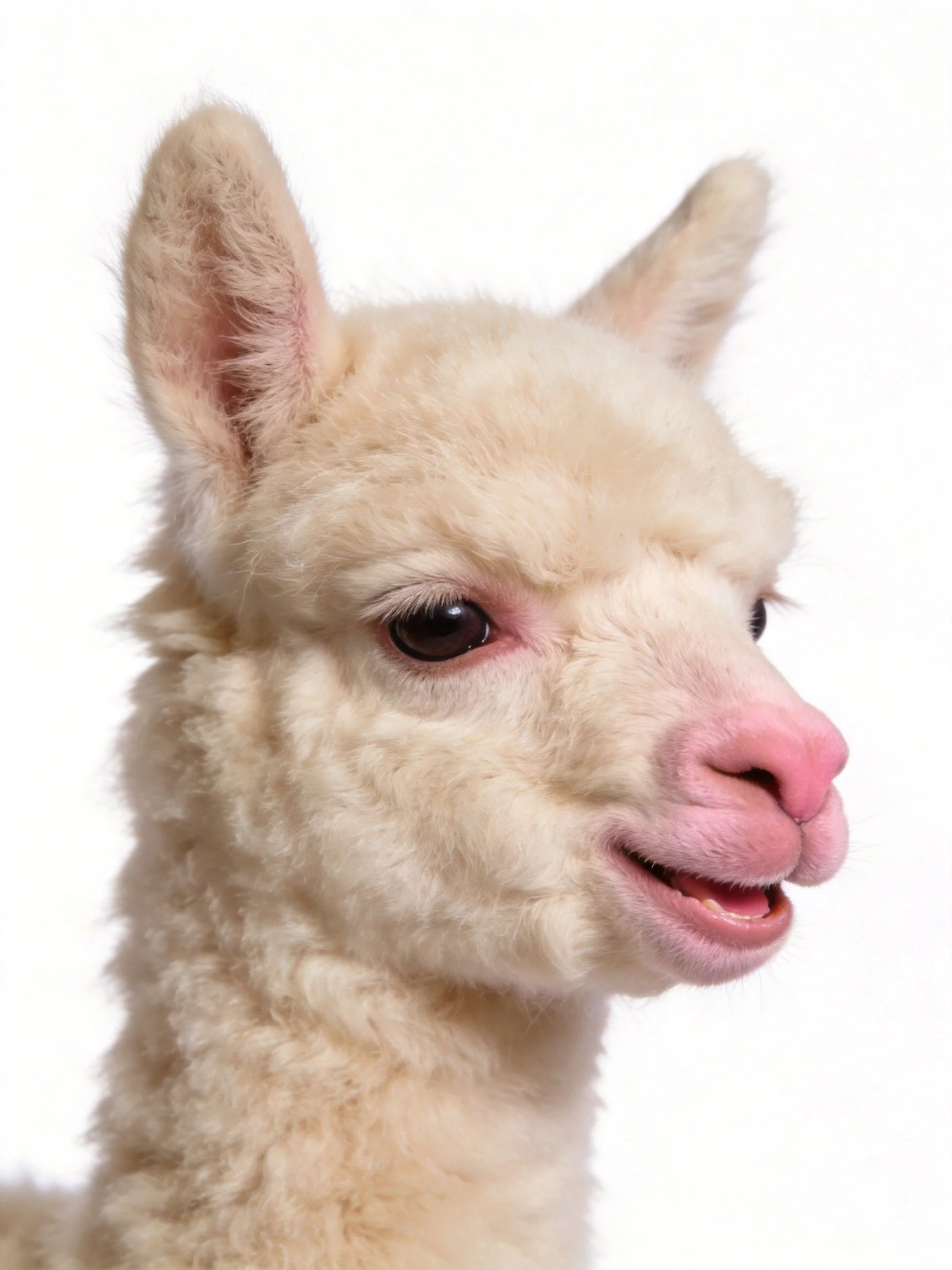 A young alpaca with creamy fur and pink facial features on a white backdrop