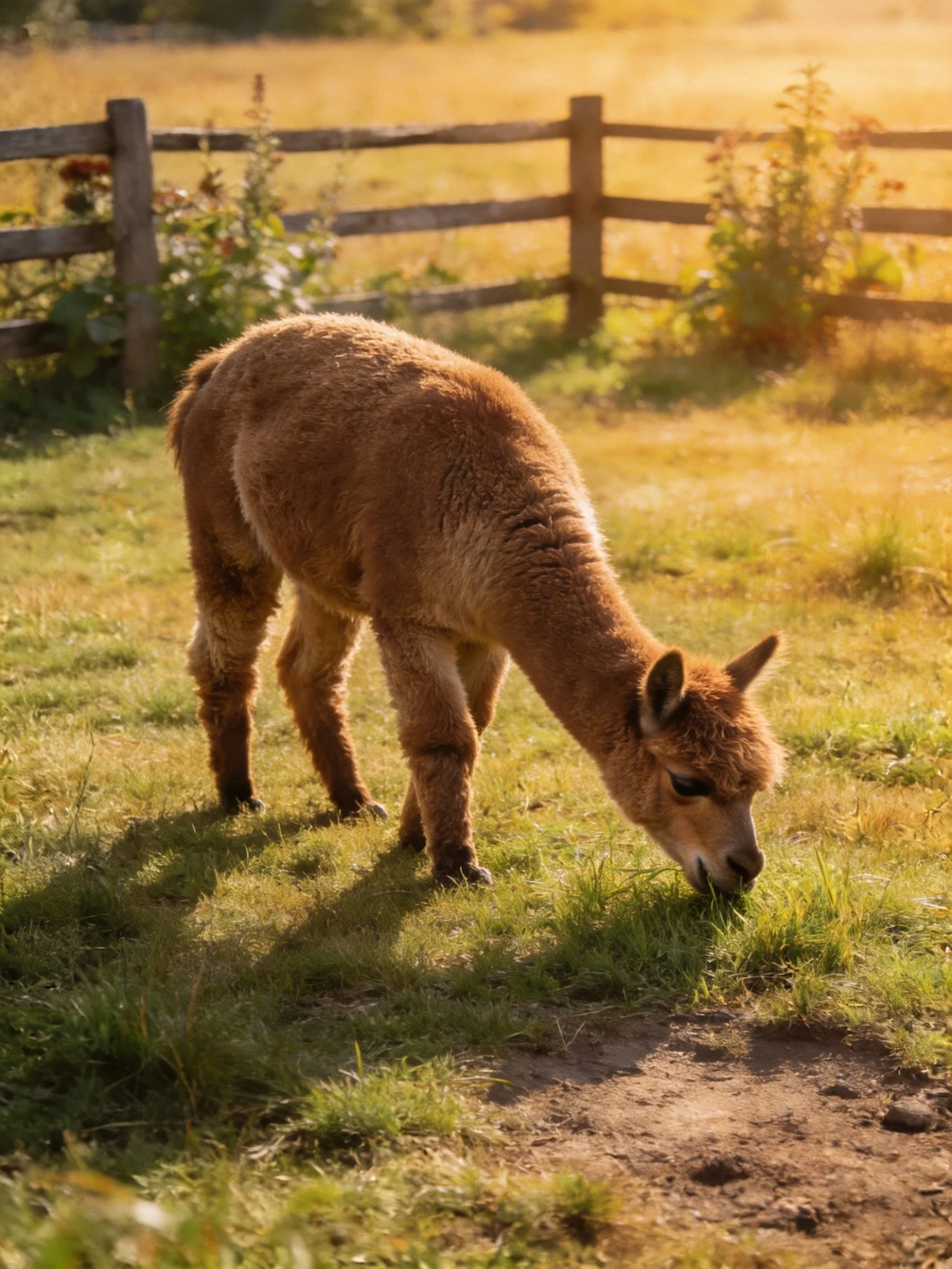 A young brown alpaca grazing in a sun-drenched grassy enclosure with a wooden fence