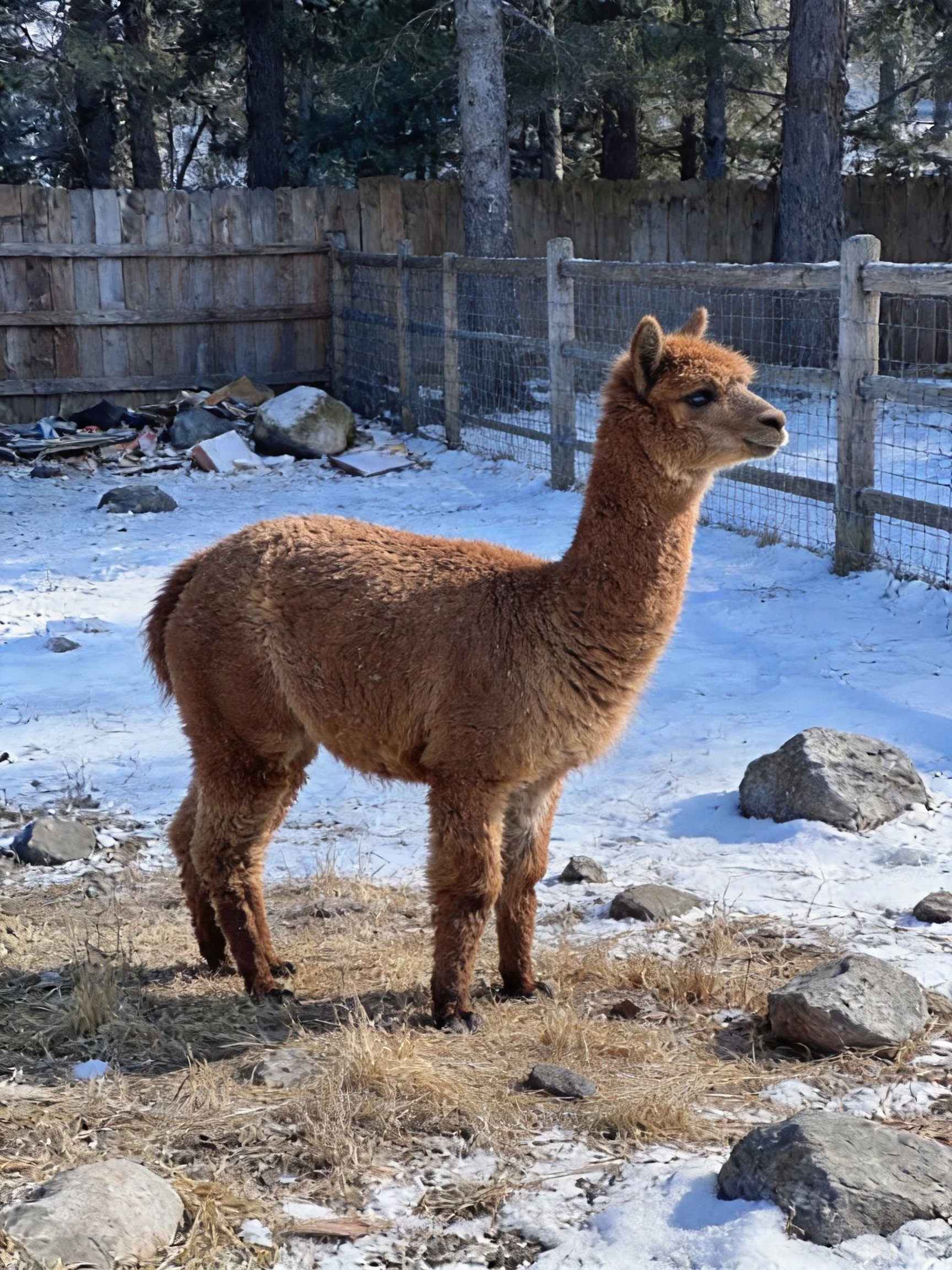 A young brown alpaca in a snow-dusted fenced enclosure