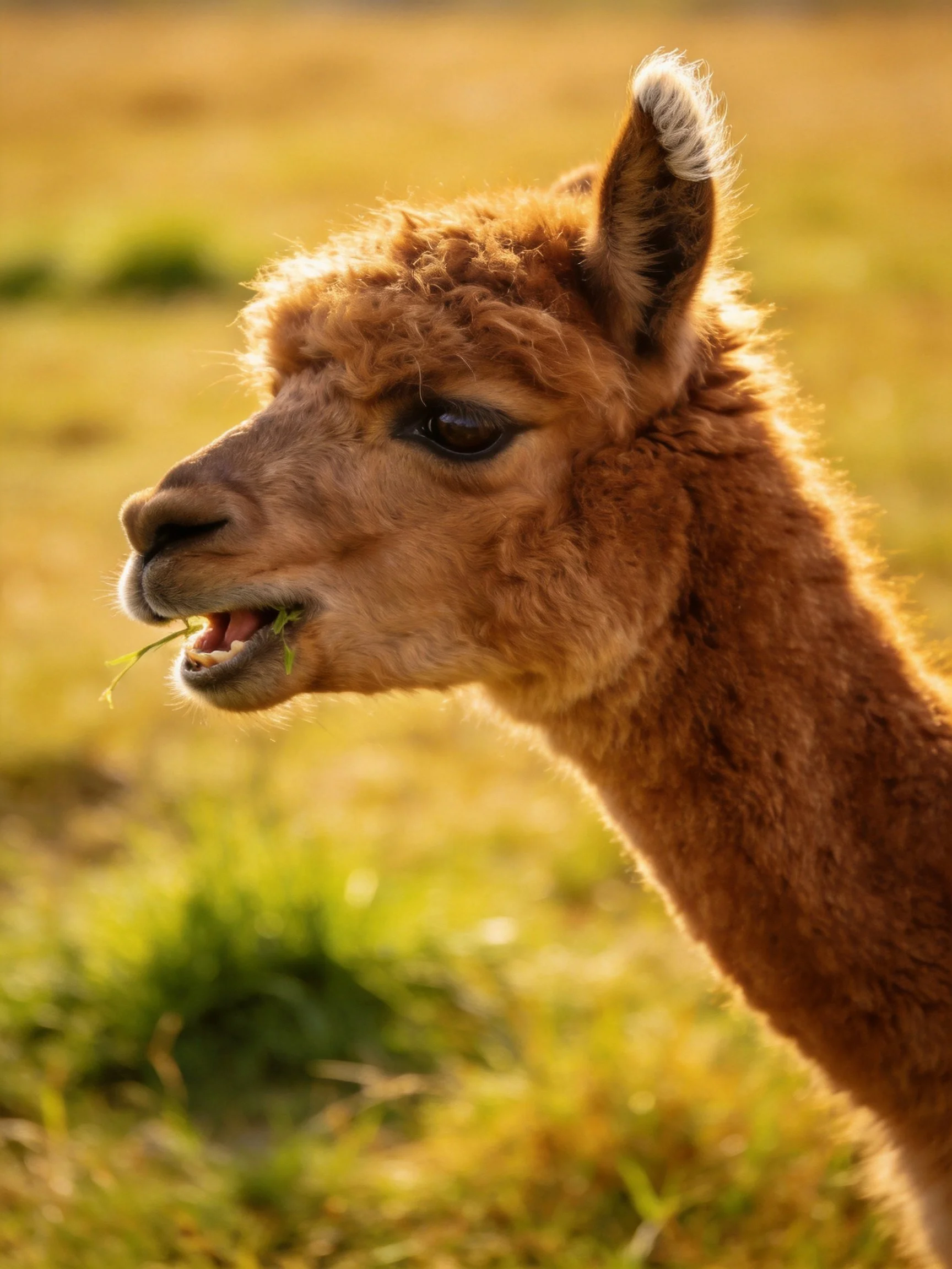 A young brown alpaca munching grass in a sunlit meadow