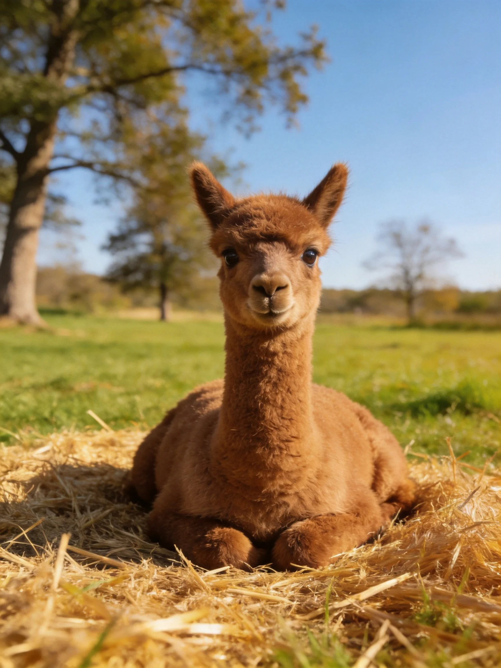 A young brown alpaca resting on golden straw in a sunny field
