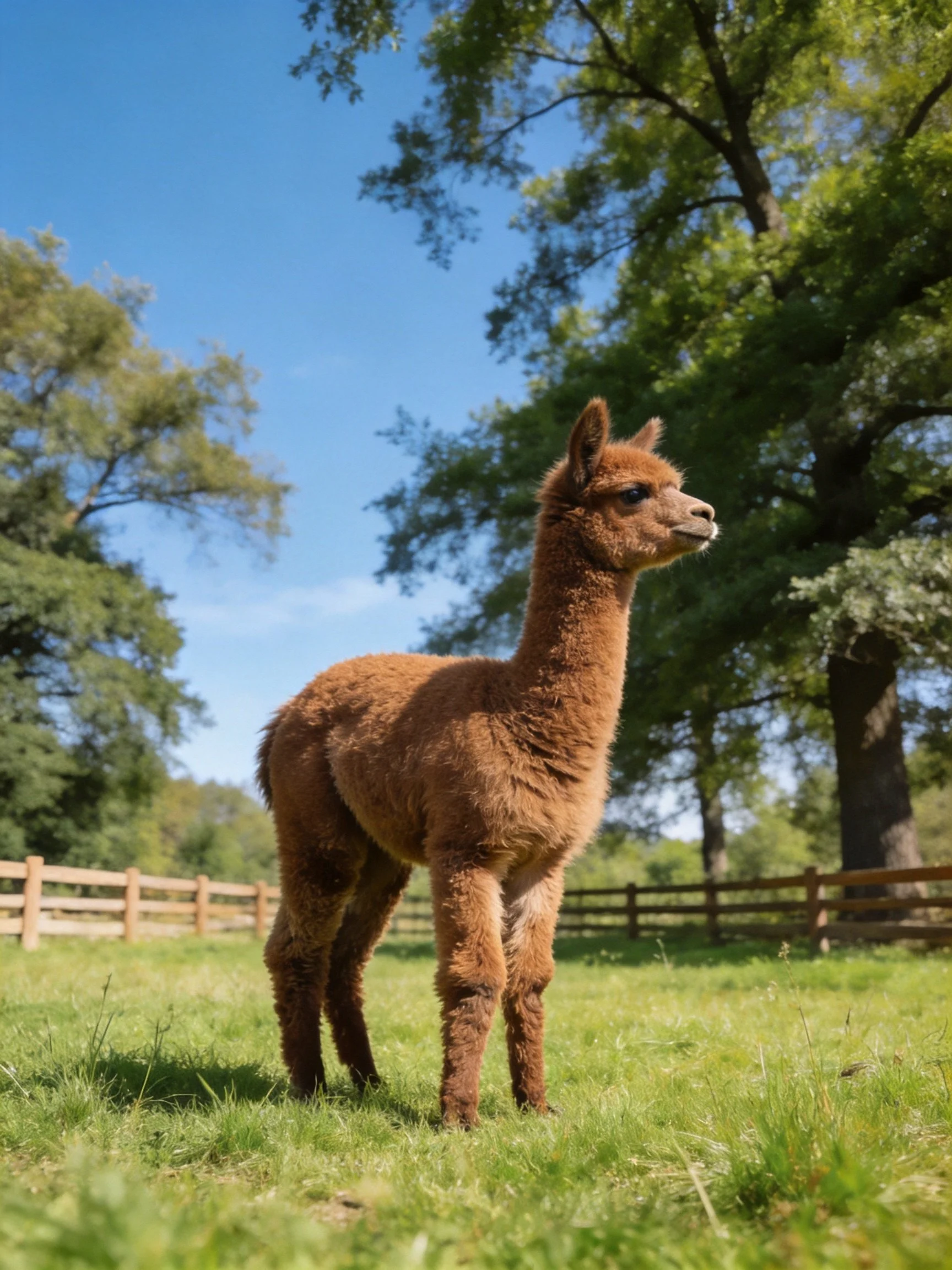 A young brown alpaca stands in a sunny fenced meadow.