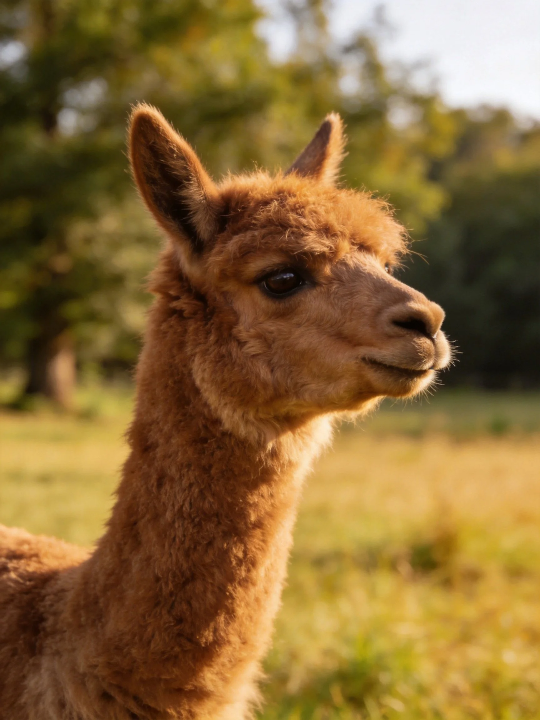 A young brown alpaca with soft fur in a sunlit meadow