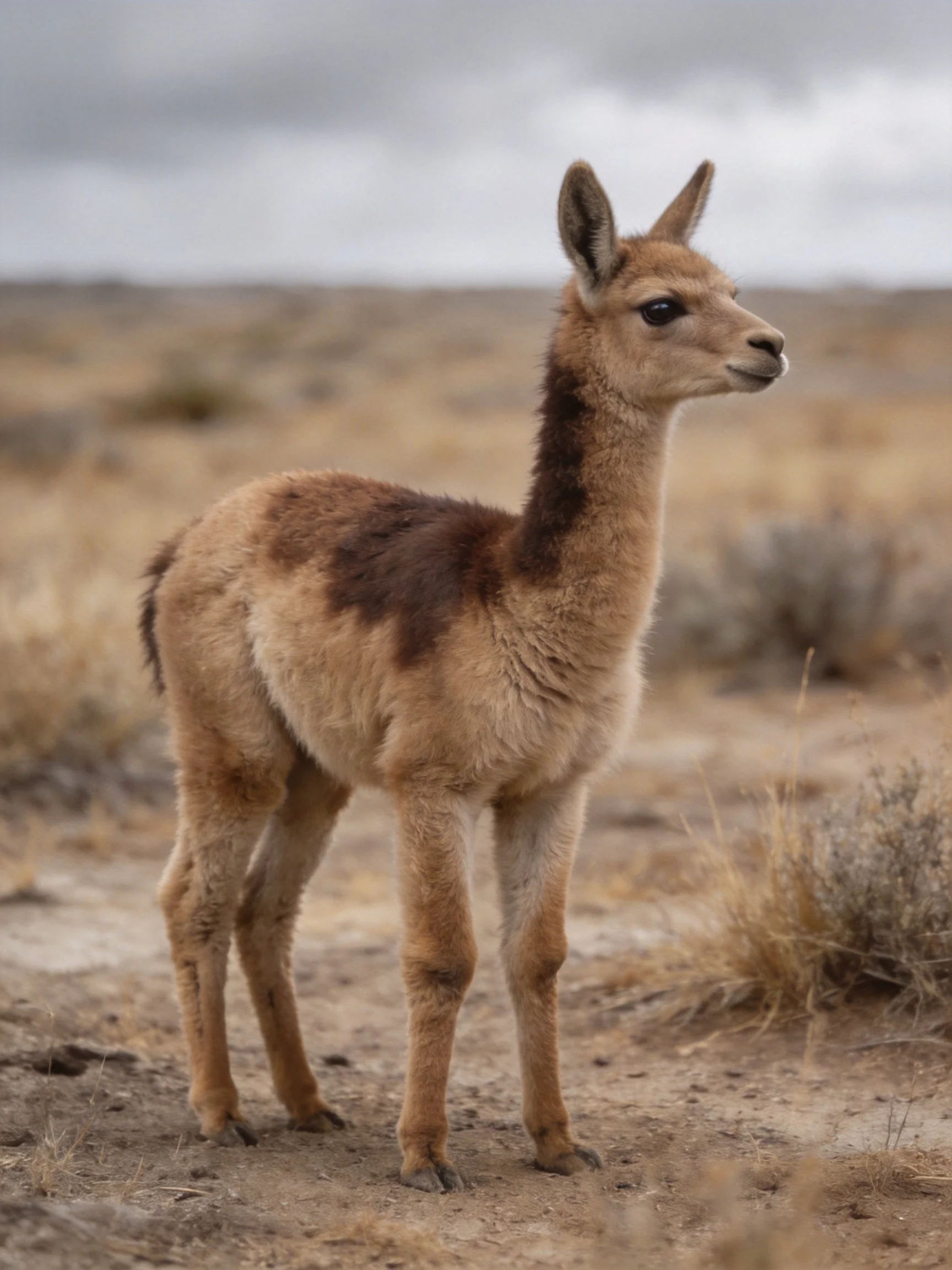 A young brown and tan guanaco in an arid open landscape