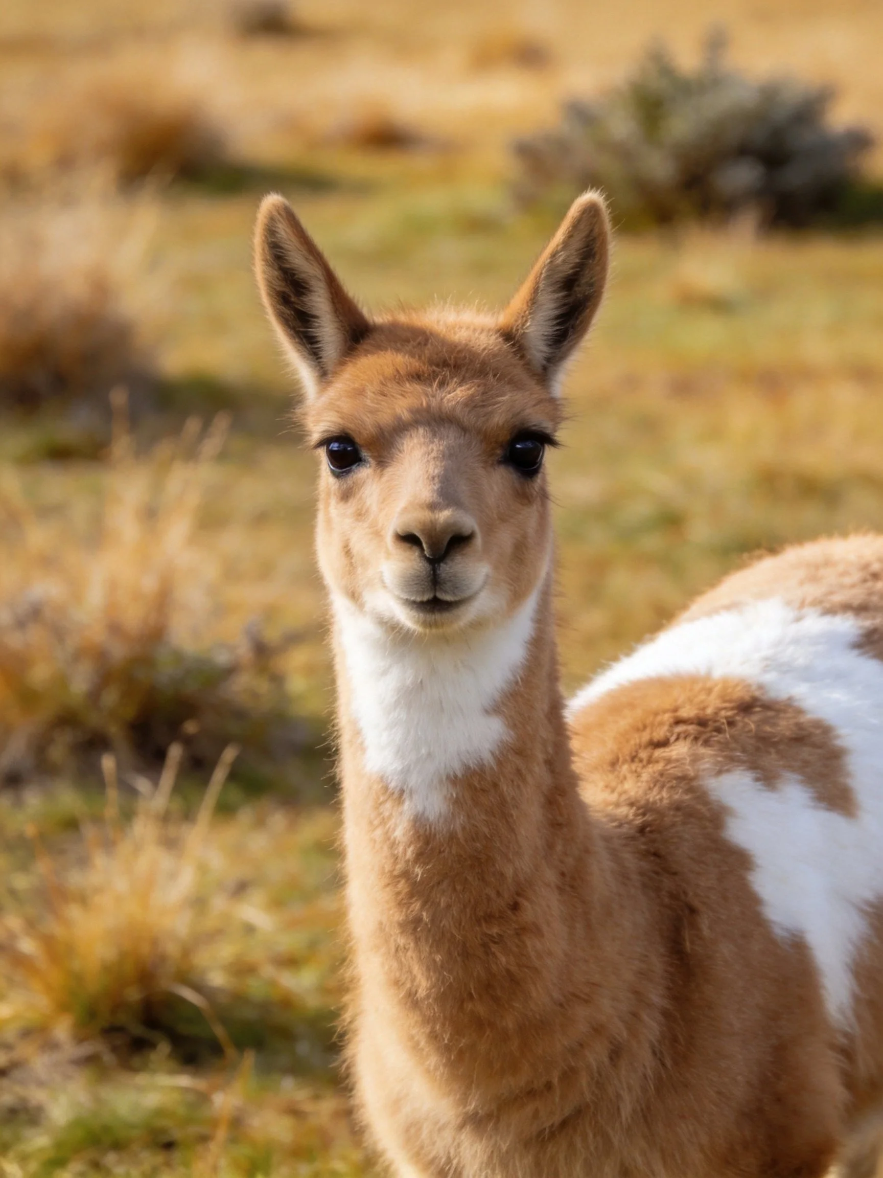 A young brown and white guanaco in a sunlit grassy landscape