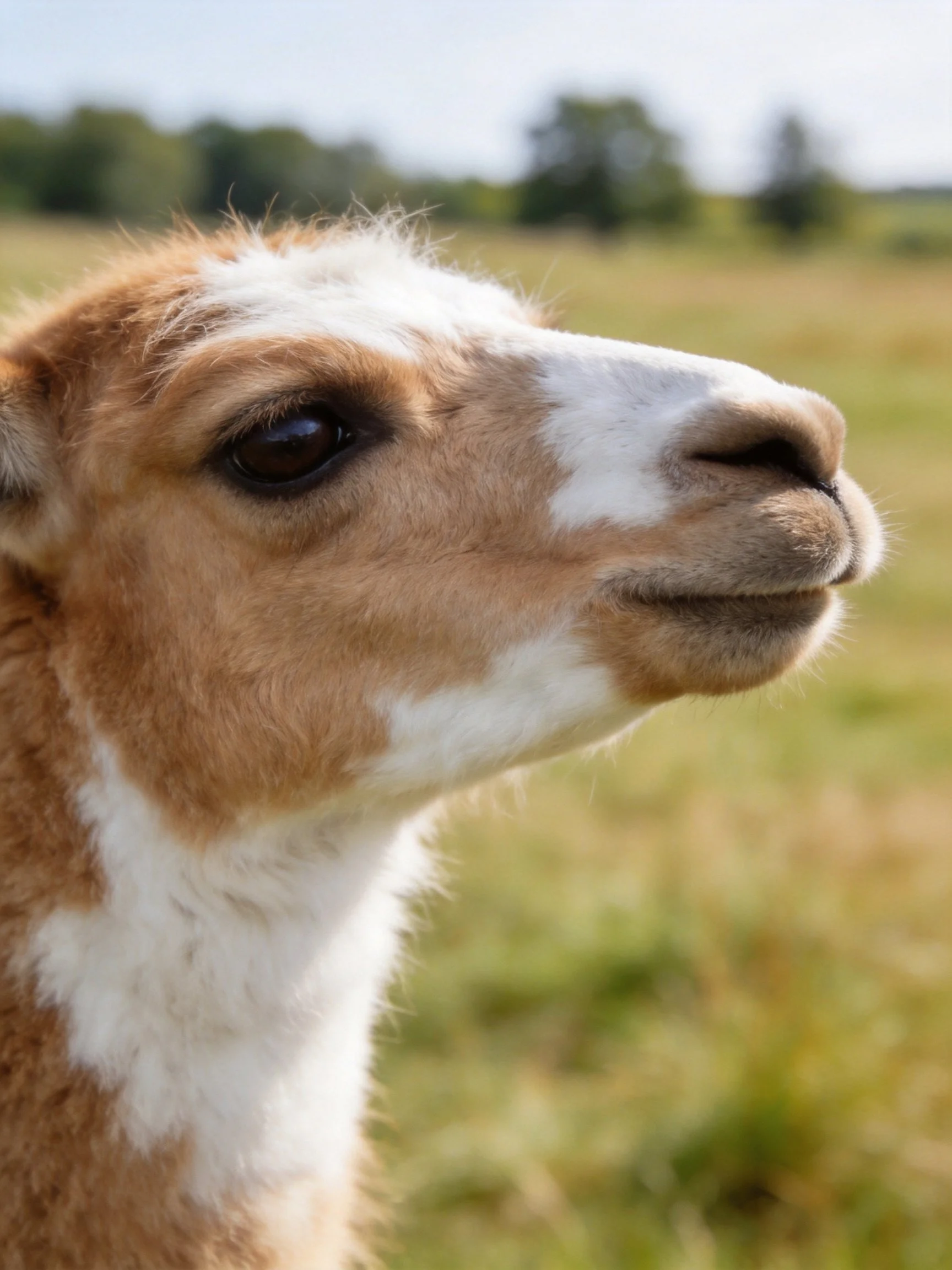A young brown and white llama gazes serenely in a sunlit field