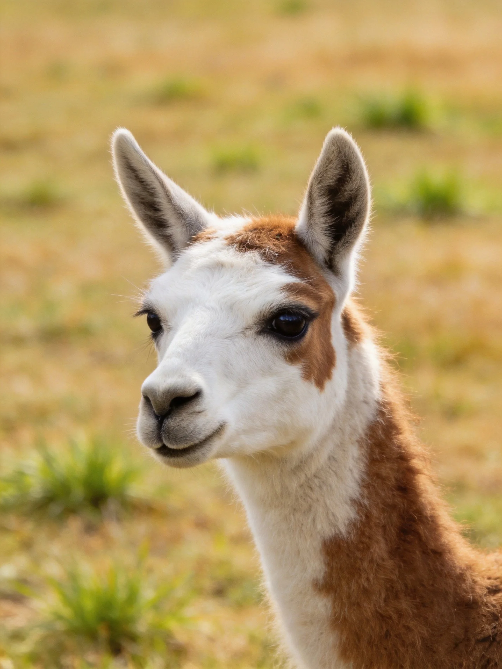 A young brown and white llama in a grassy field