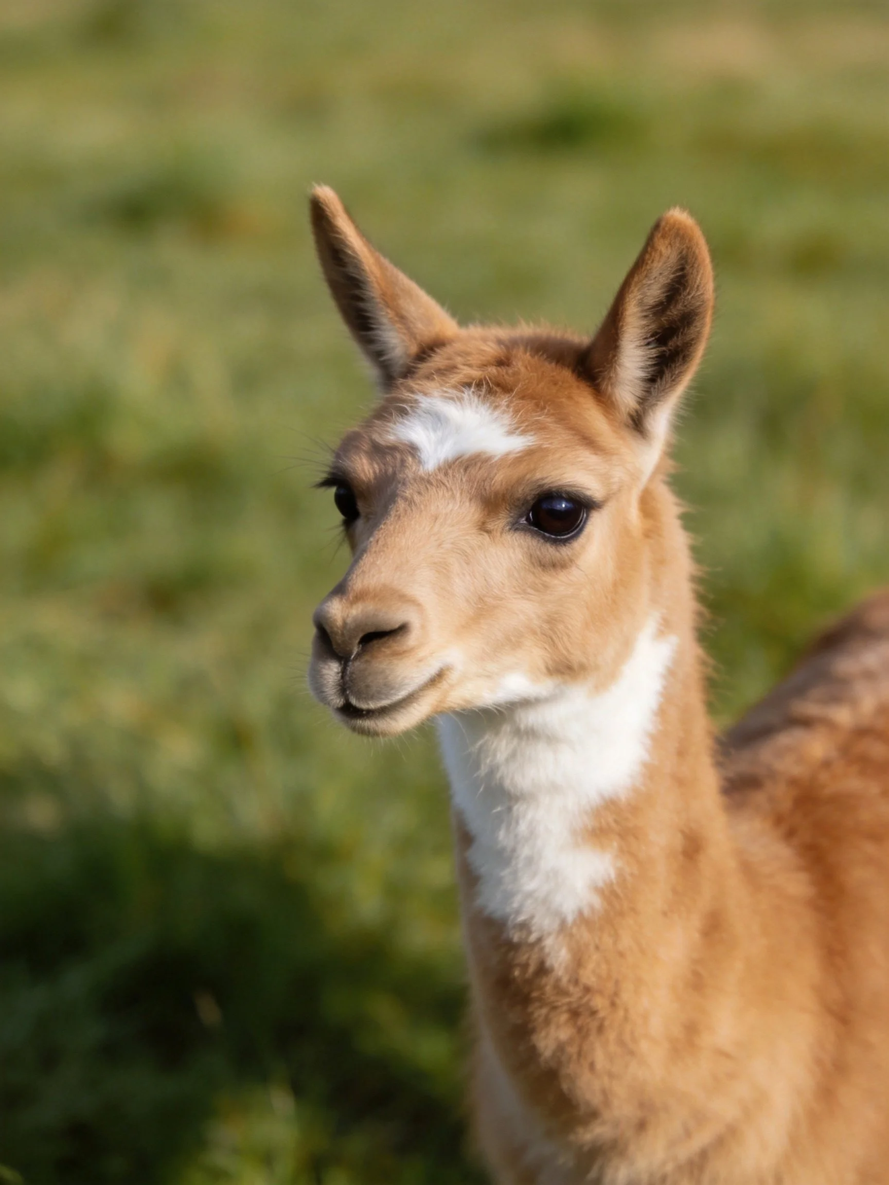 A young brown and white llama in a lush green meadow
