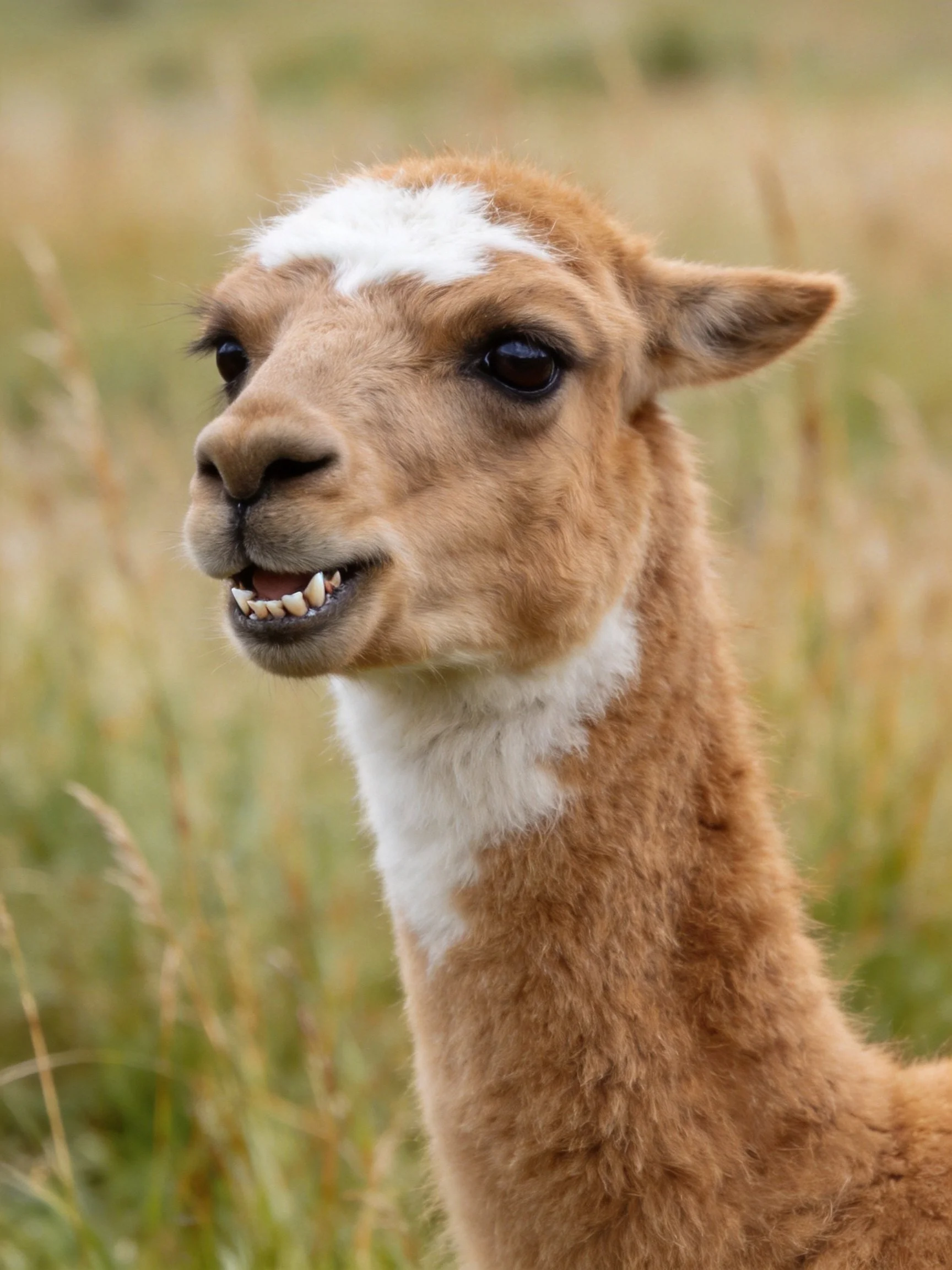 A young brown and white llama stands in tall grassy terrain