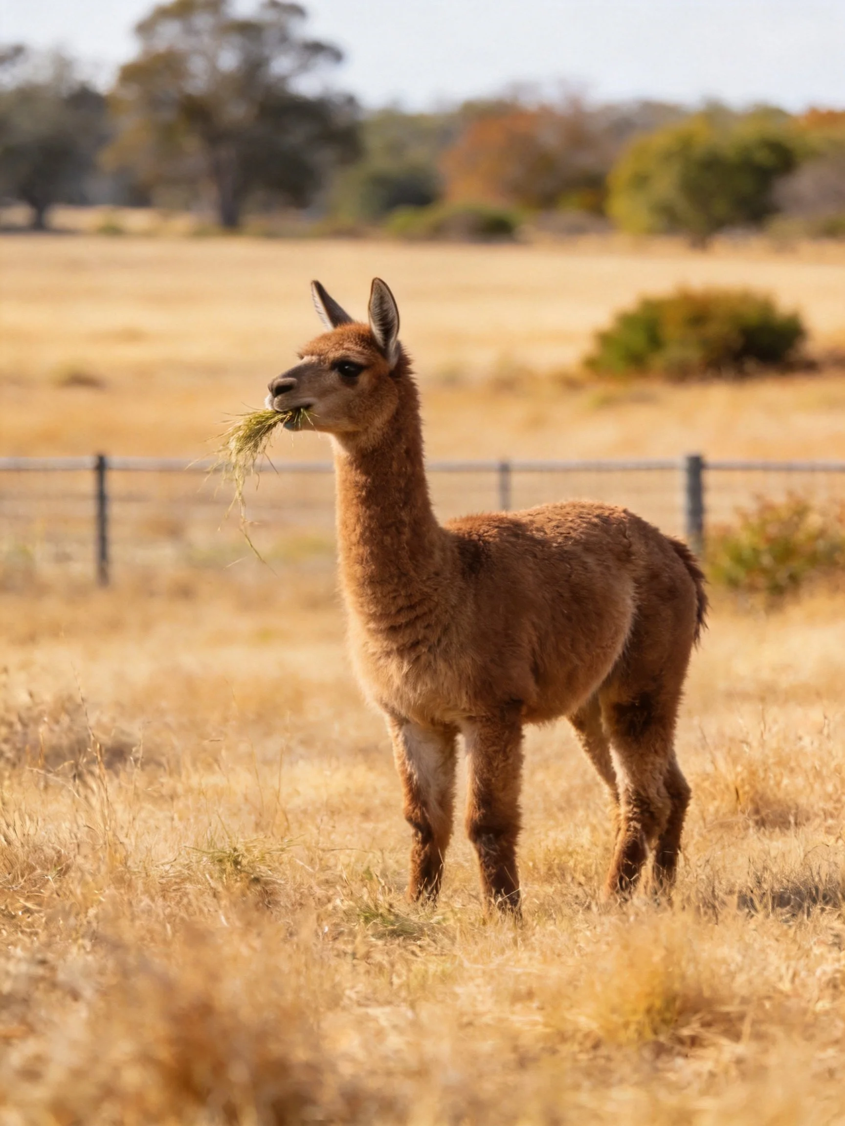 A young brown llama grazes in a golden, open field