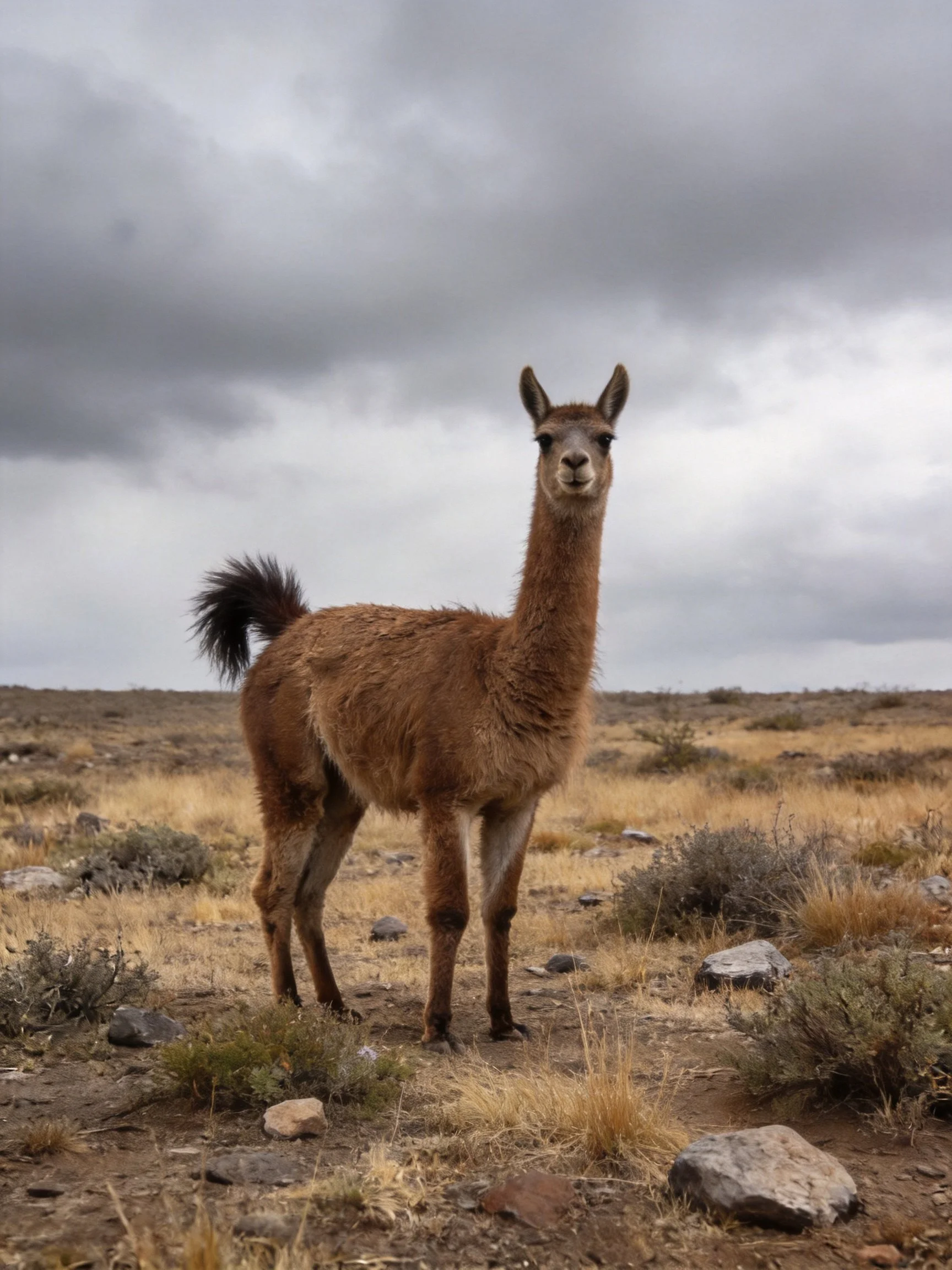 A young brown llama stands in an arid, rocky field under dark stormy skies