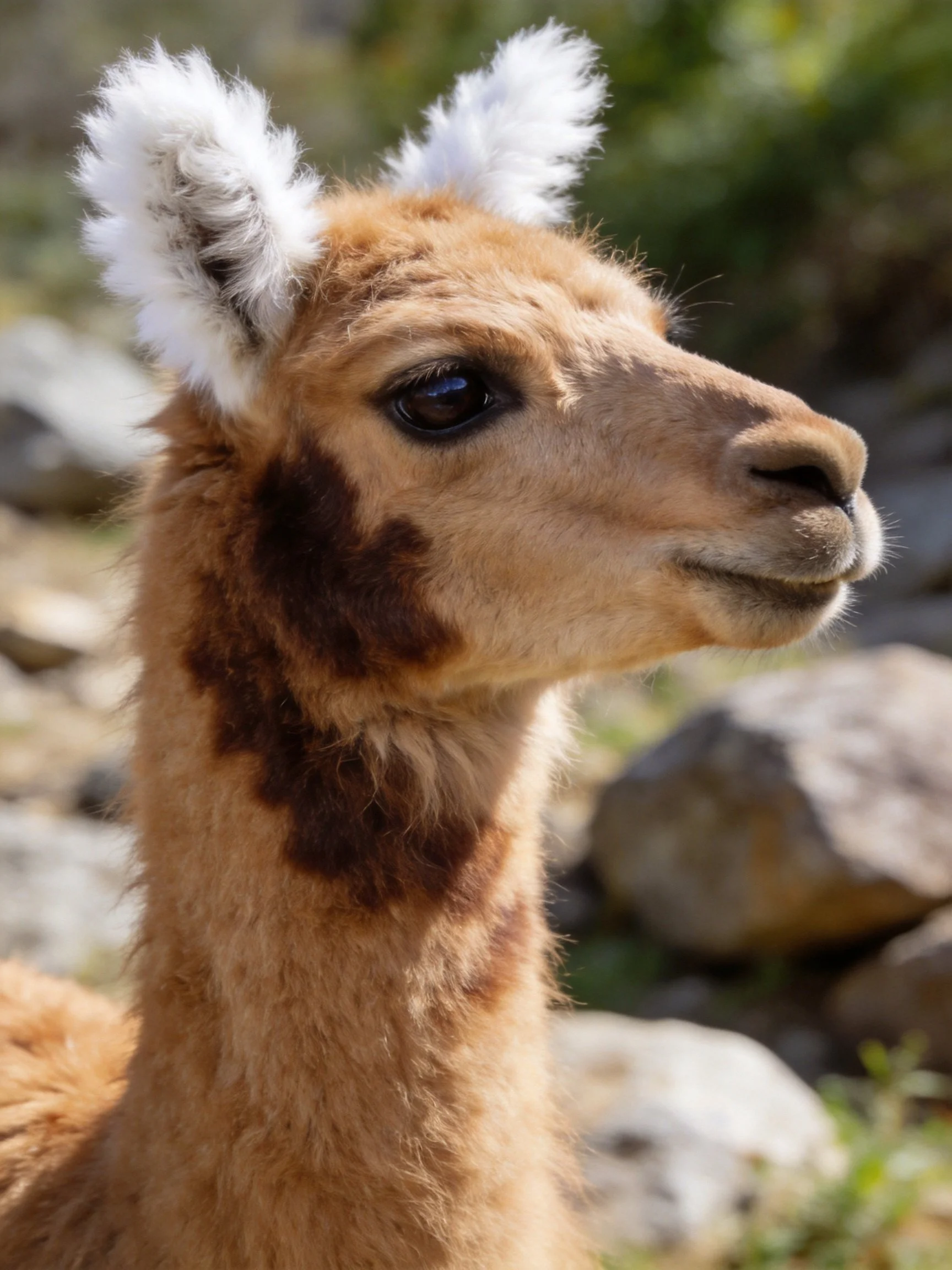 A young brown llama with fluffy white ear tufts near rocks