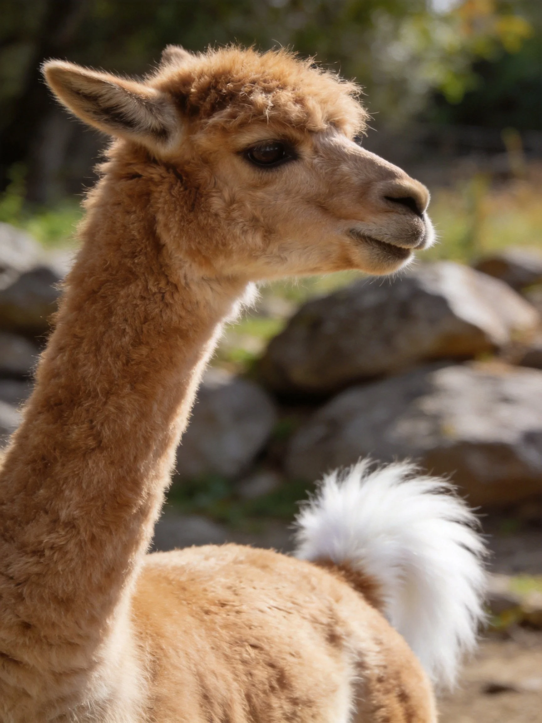 A young brown llama with fluffy white tail near rocks