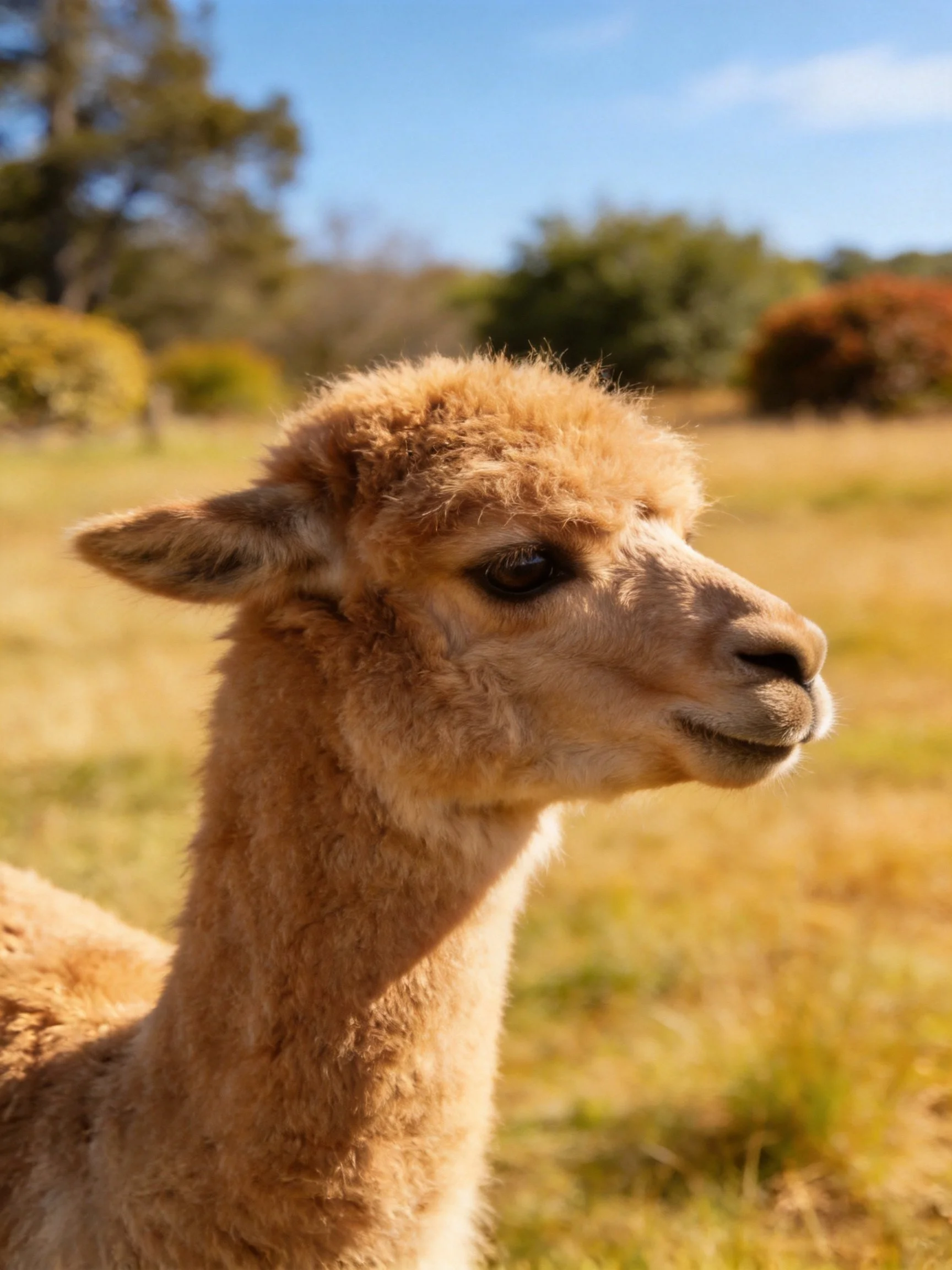 A young light brown alpaca in a sunlit golden field