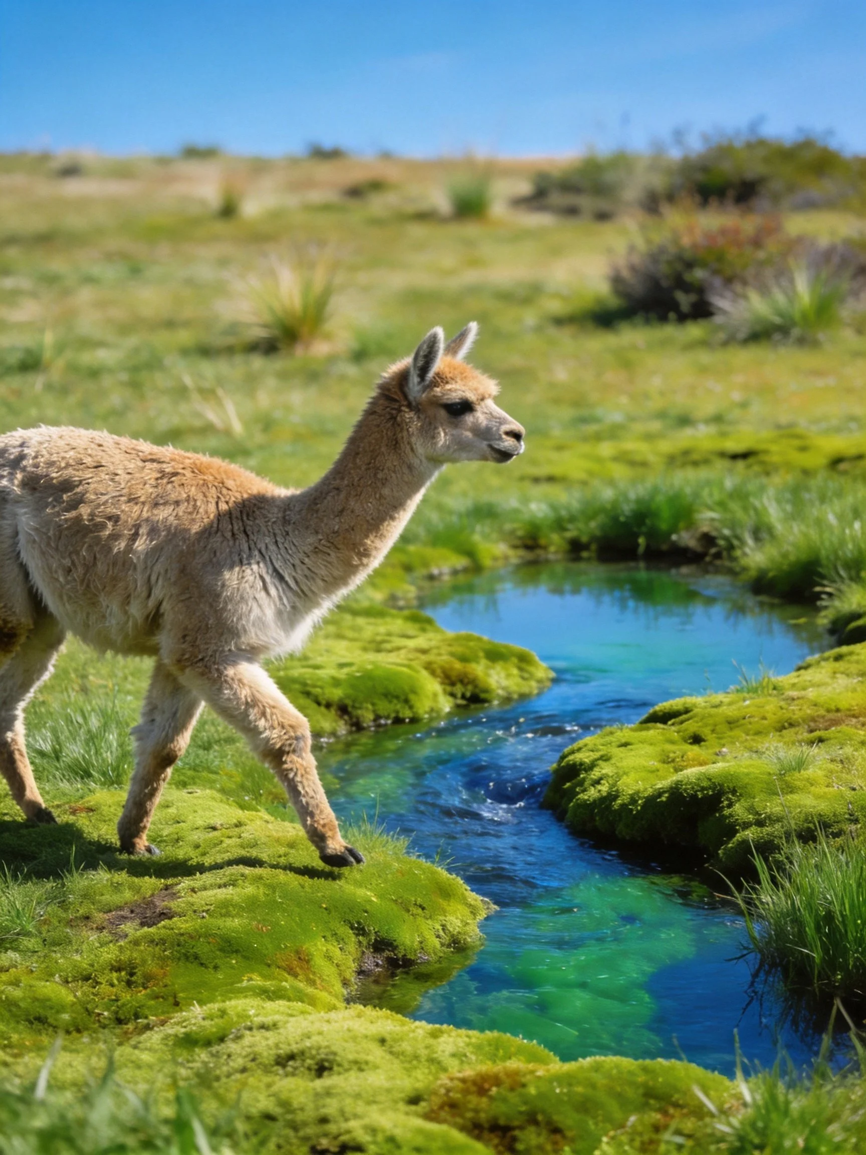 A young llama walks by a clear turquoise stream on moss - covered terrain