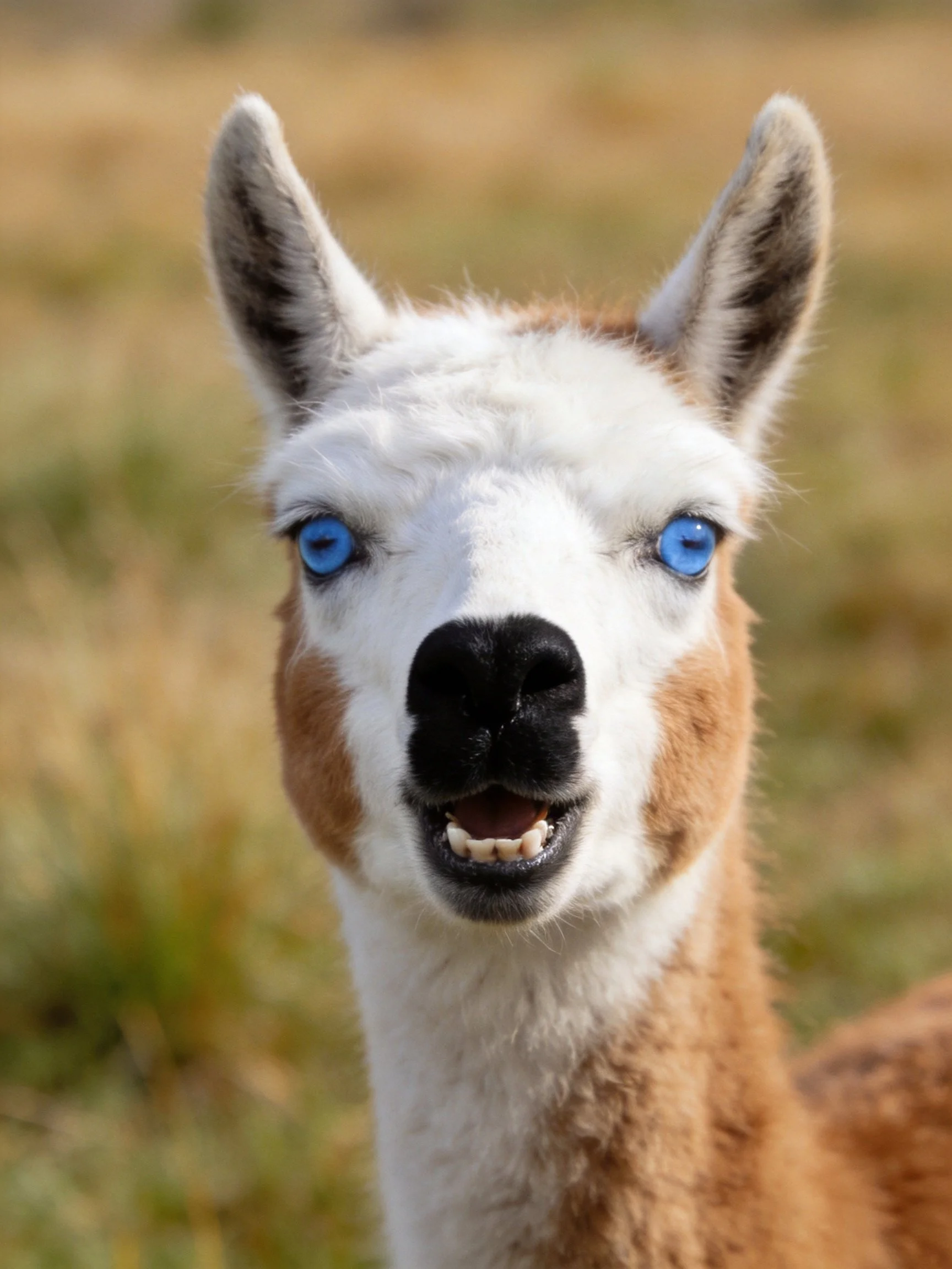 A young llama with bright blue eyes and white-brown fur in an open field